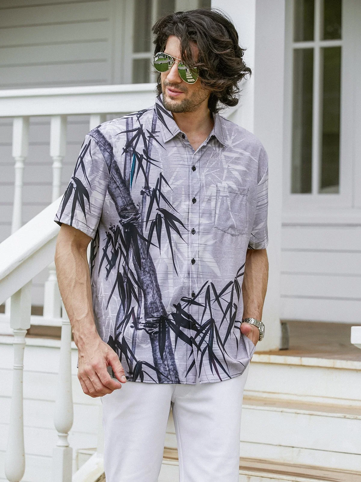 Hardaddy Hawaiian Shirt for Men Grey Bamboo Chest Pocket Short Sleeve Casual Button Down Shirt