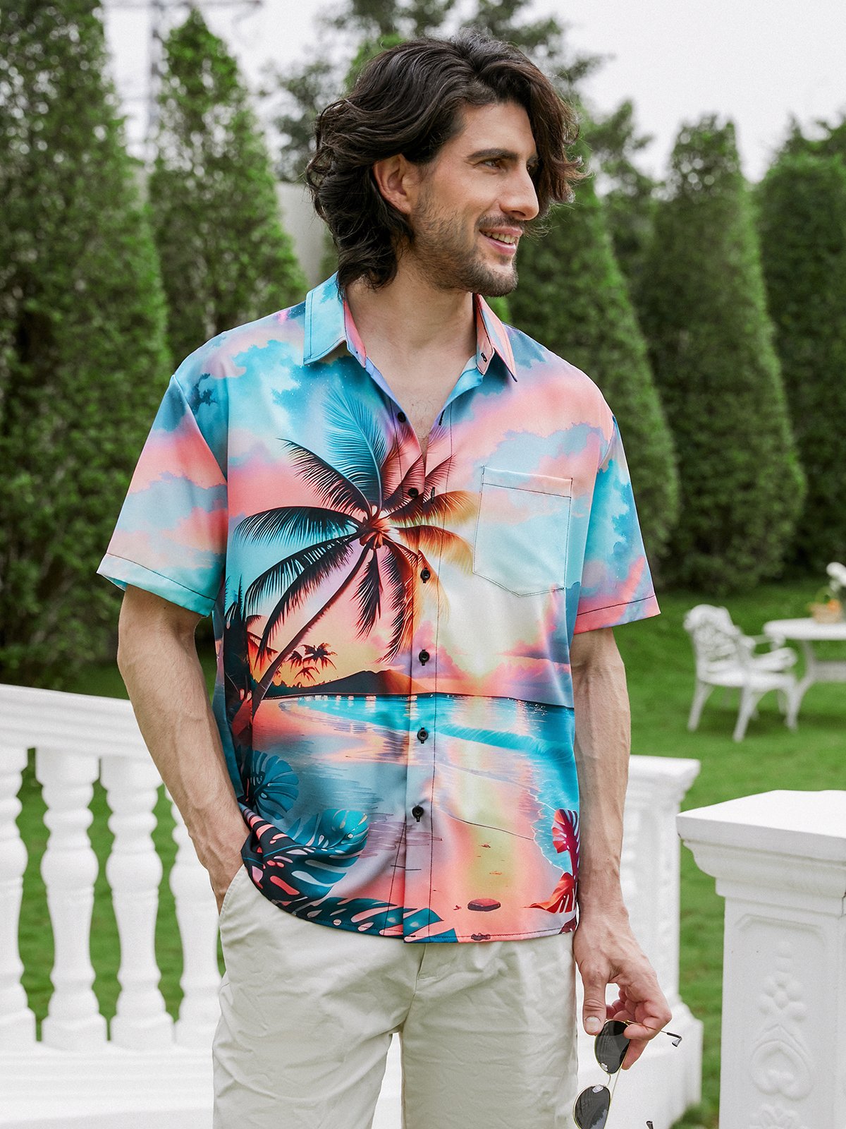 Hardaddy Moisture-wicking Coconut Tree Chest Pocket Hawaiian Shirt