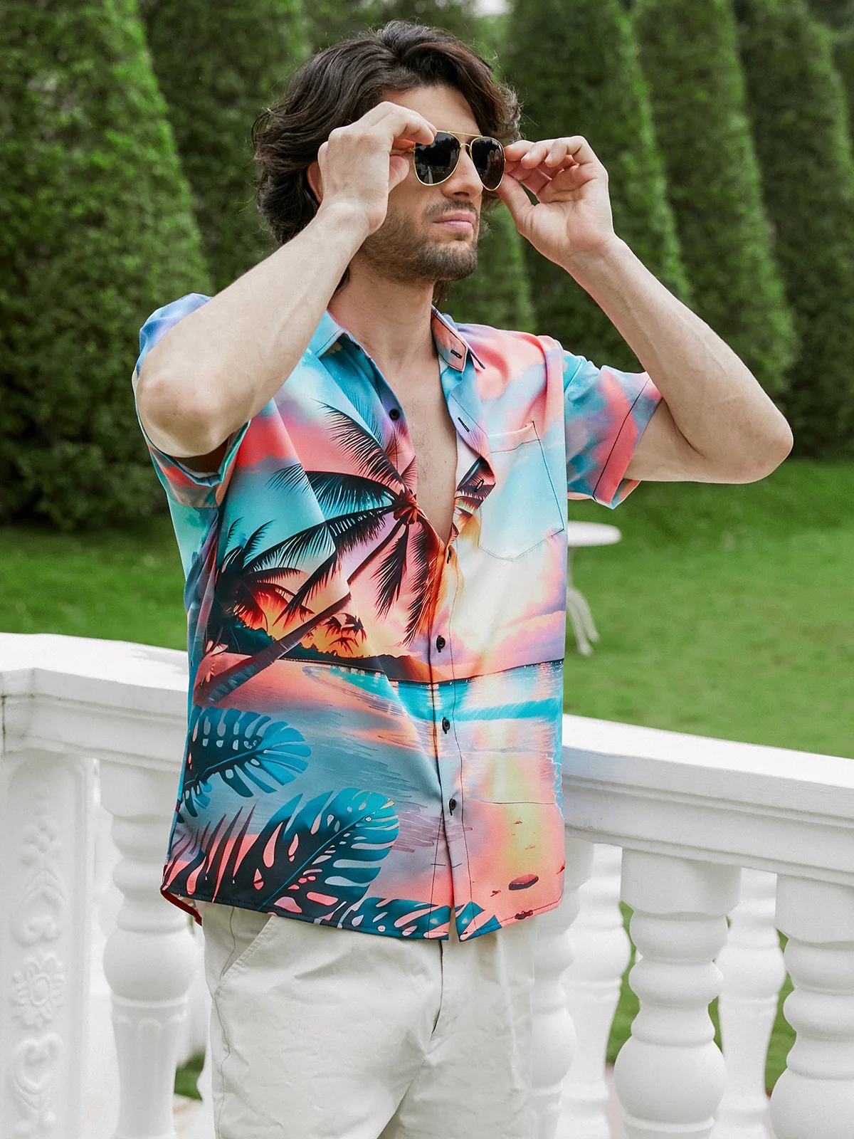 Hardaddy Moisture-wicking Coconut Tree Chest Pocket Hawaiian Shirt