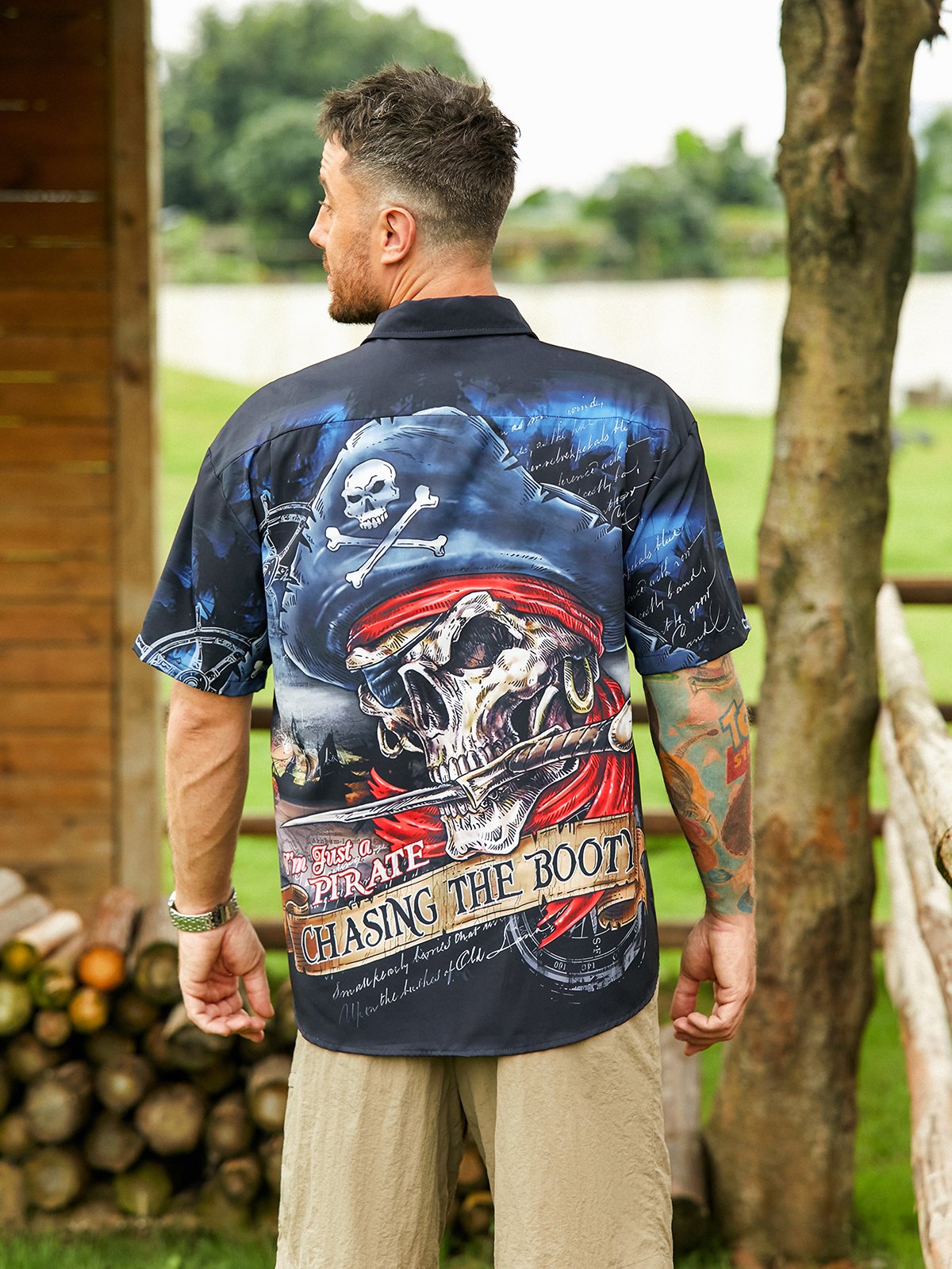 Hardaddy Black Skull Pirate Marine Chest Pocket Short Sleeve Hawaiian Botton Down Shirt