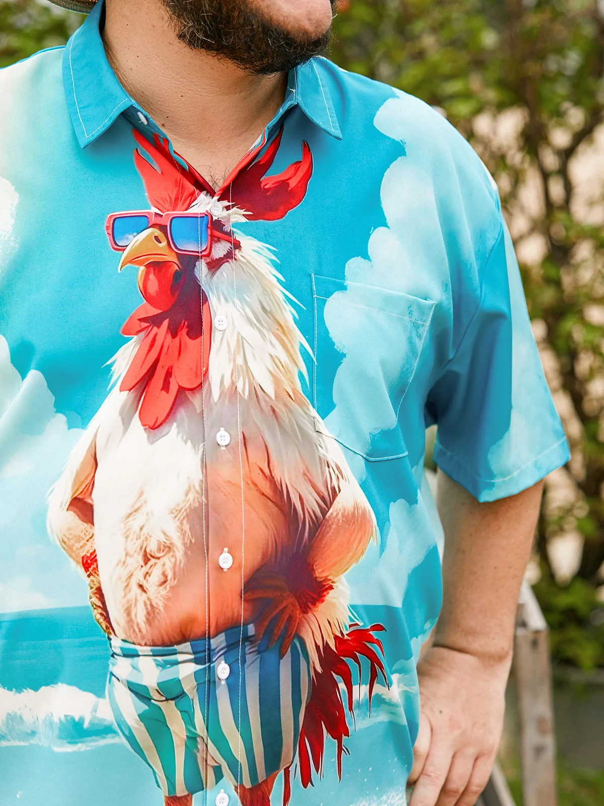 Hardaddy Moisture-wicking Beach Fun Chicken Chest Pocket Hawaiian Shirt