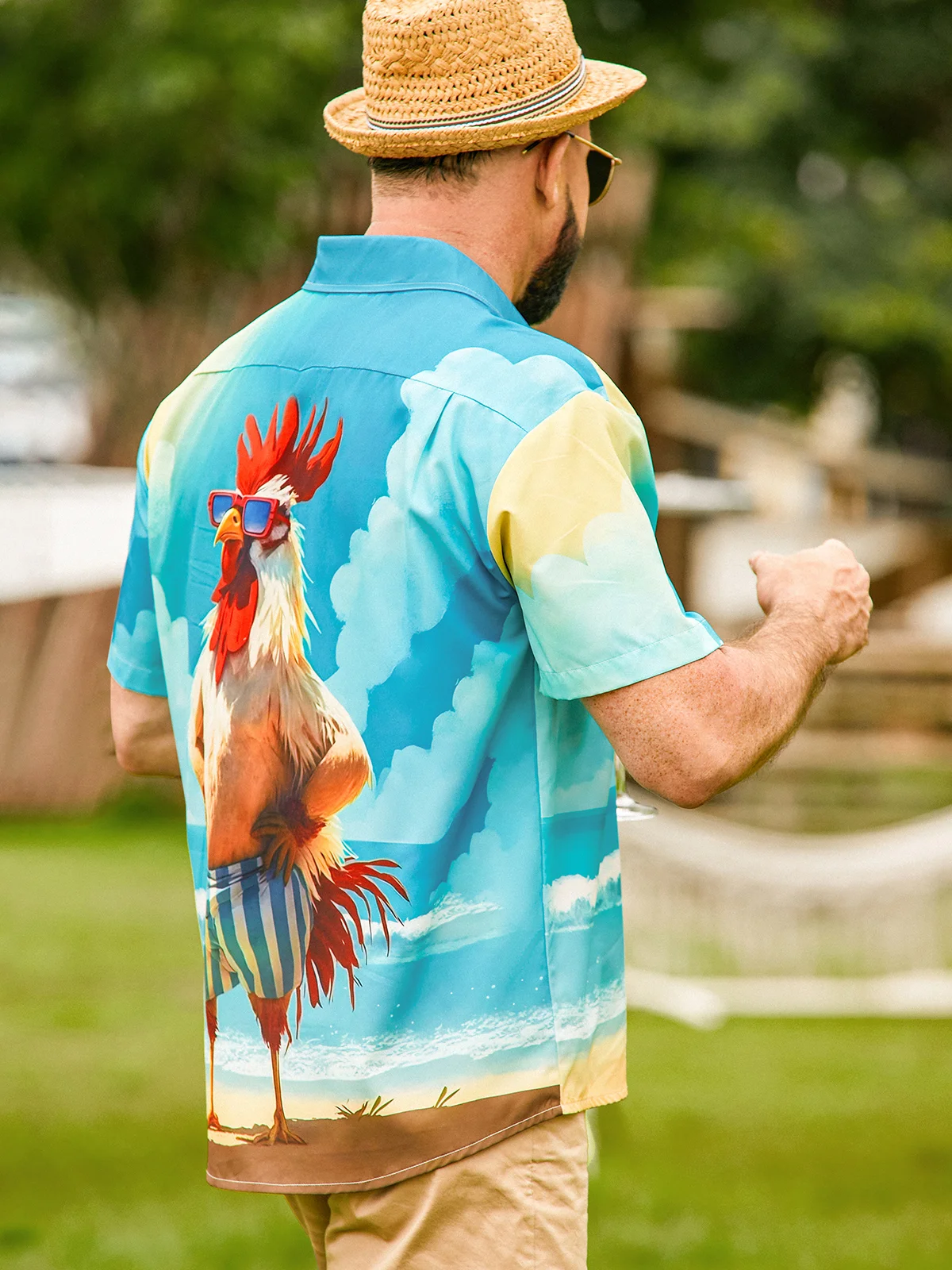 Hardaddy Moisture-wicking Beach Fun Chicken Chest Pocket Hawaiian Shirt
