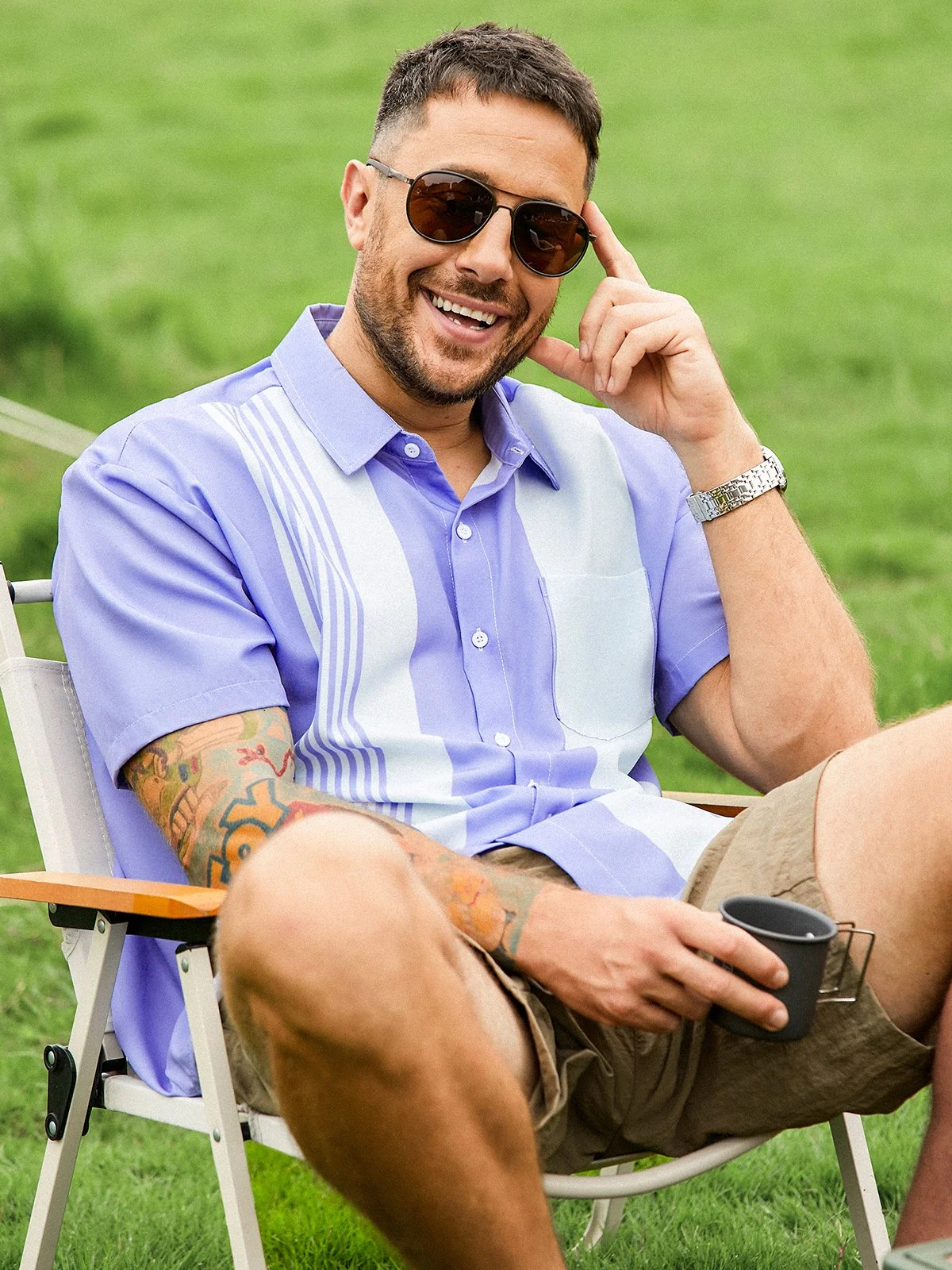 Hardaddy Geometric Stripe Chest Pocket Short Sleeve Casual Shirt