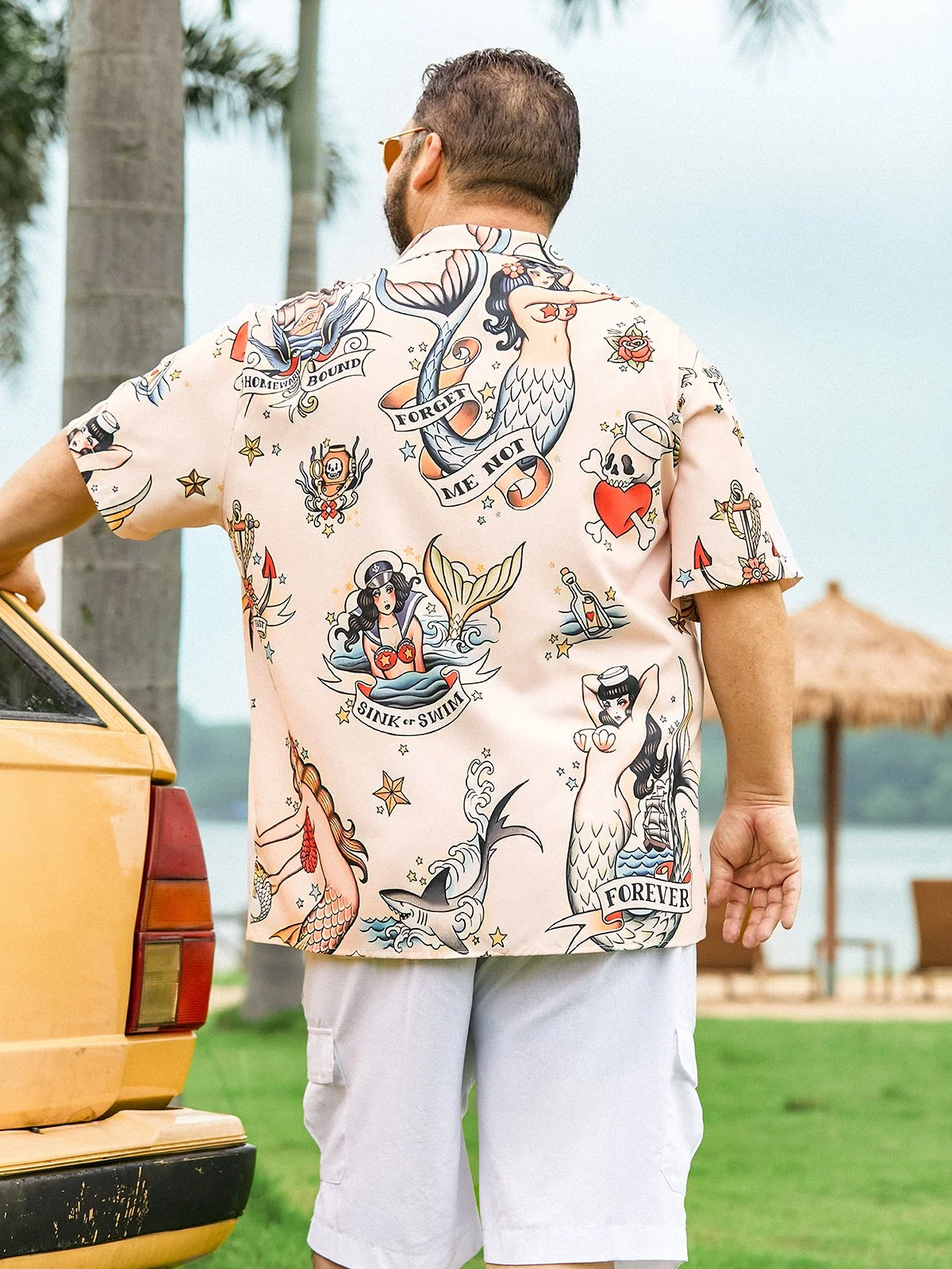 Hardaddy Mens Mermaid Print Front Buttons Soft Breathable Loose Casual Hawaiian Shirt