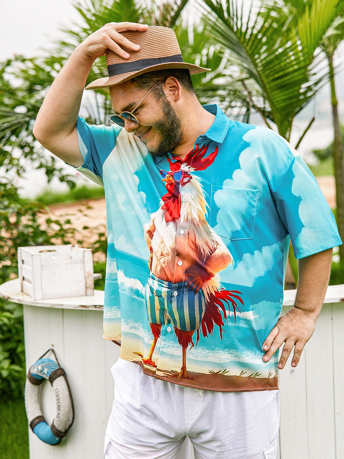 Hardaddy Moisture-wicking Beach Fun Chicken Chest Pocket Hawaiian Shirt