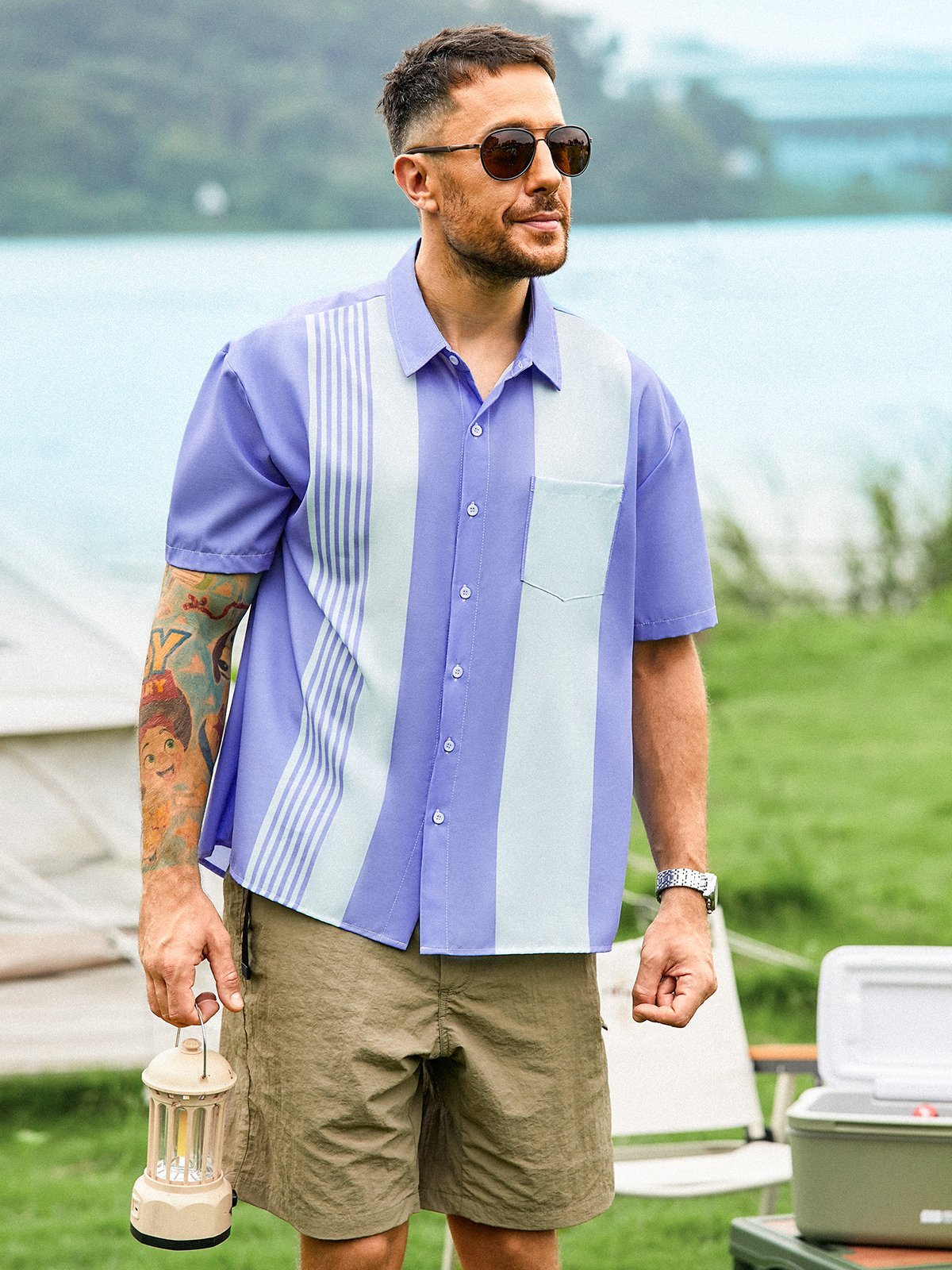 Hardaddy Geometric Stripe Chest Pocket Short Sleeve Casual Shirt