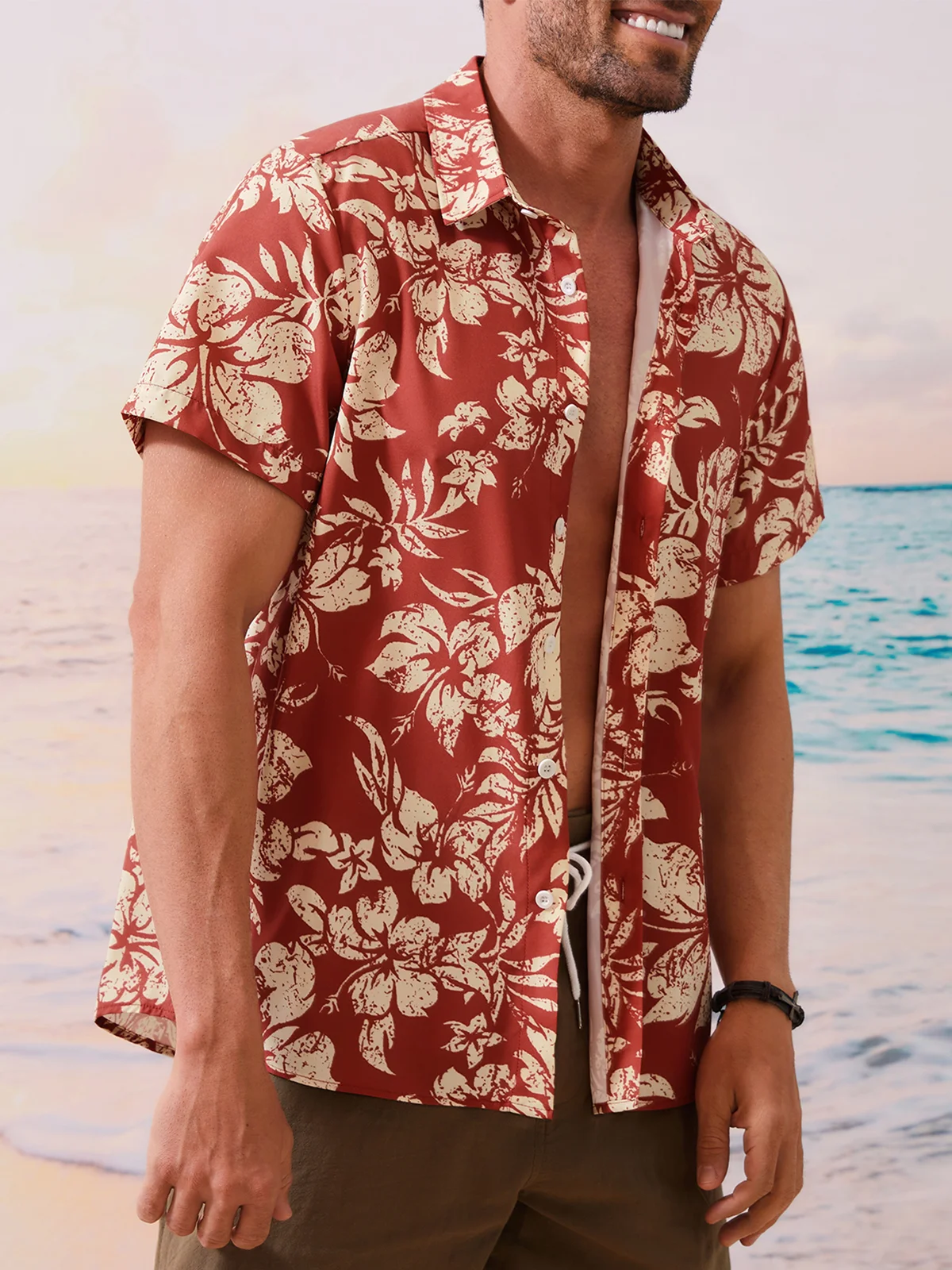 Hardaddy Holiday Style Hawaiian Series Plant Flower Leaf Element Lapel Short-Sleeved Shirt Print Top