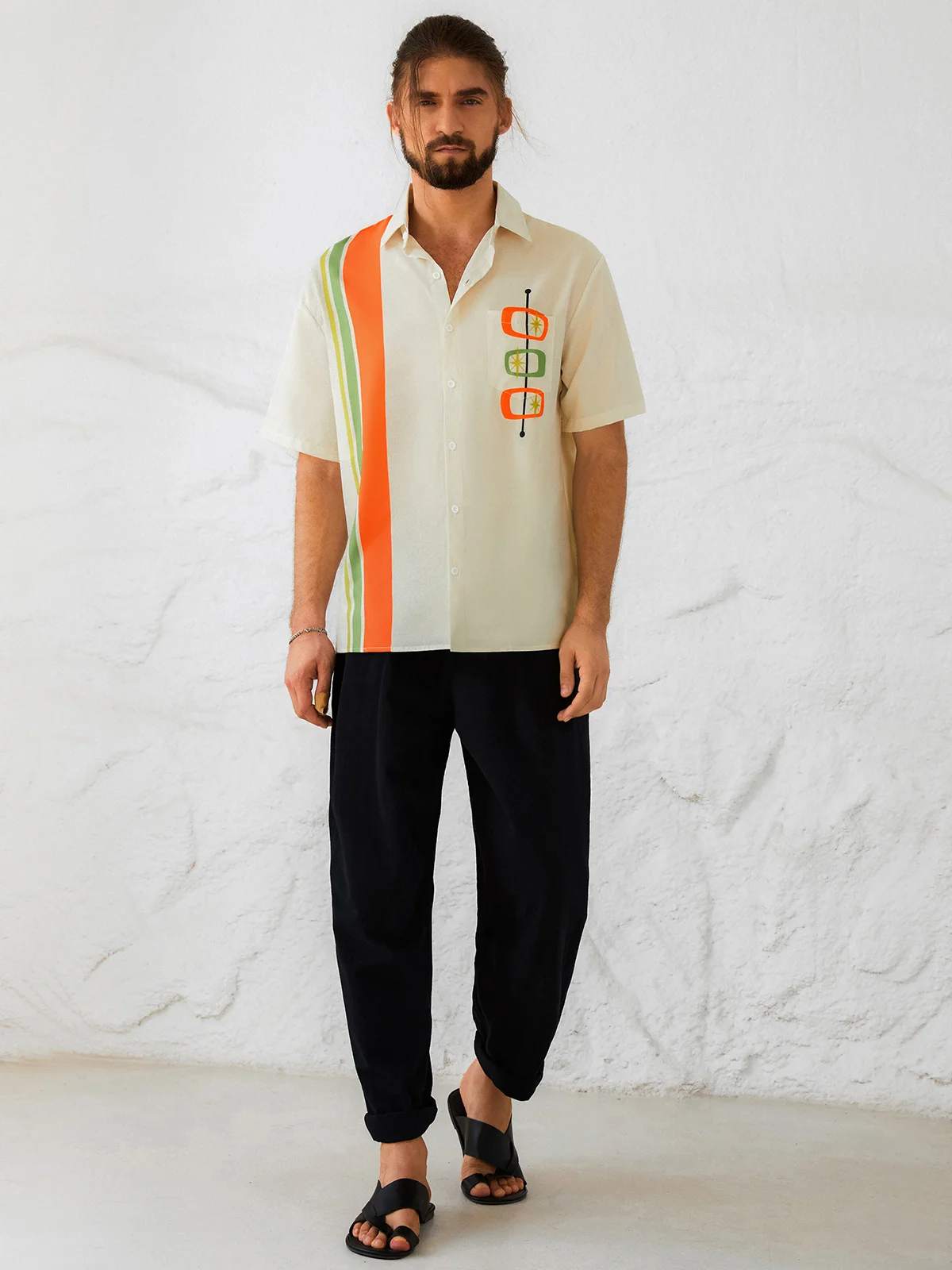 Hardaddy Casual Art Collection Geometric Stripes Color Block Pattern Lapel Short Sleeve Chest Pocket Shirt Print Top