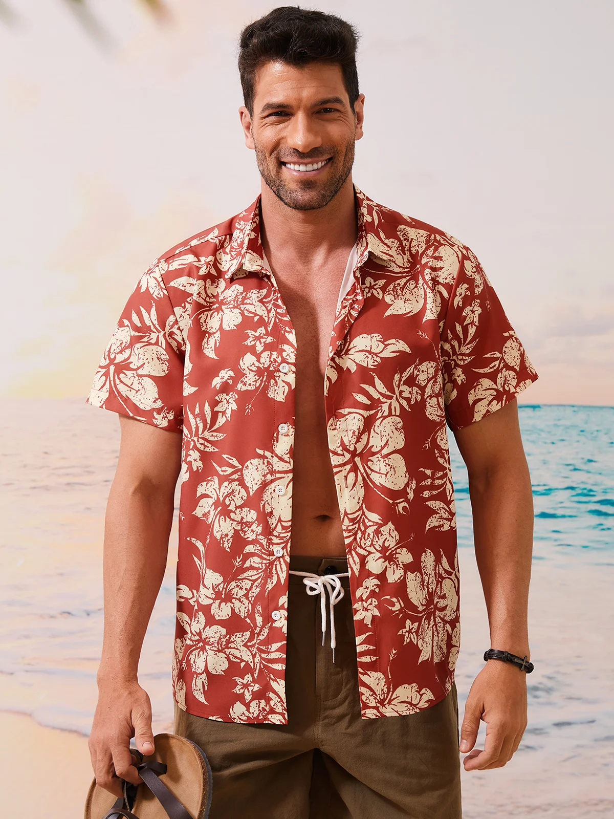 Hardaddy Holiday Style Hawaiian Series Plant Flower Leaf Element Lapel Short-Sleeved Shirt Print Top