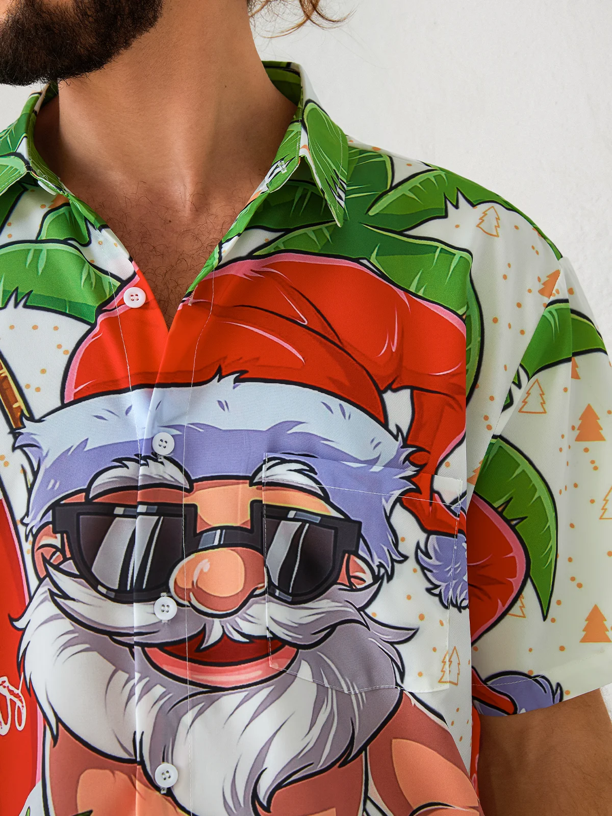 Hardaddy Mens Christmas Santa Surfing Print Front Buttons Soft Breathable Chest Pocket Casual Hawaiian Shirt