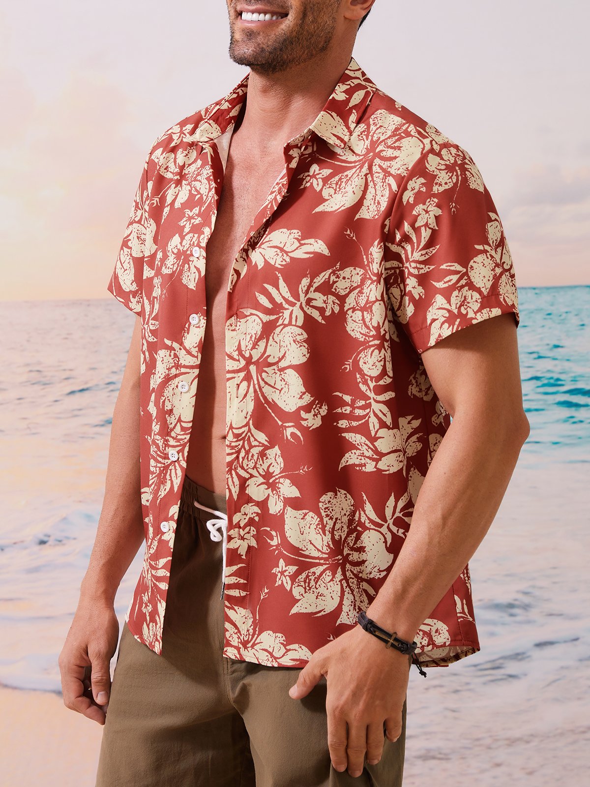 Hardaddy Holiday Style Hawaiian Series Plant Flower Leaf Element Lapel Short-Sleeved Shirt Print Top