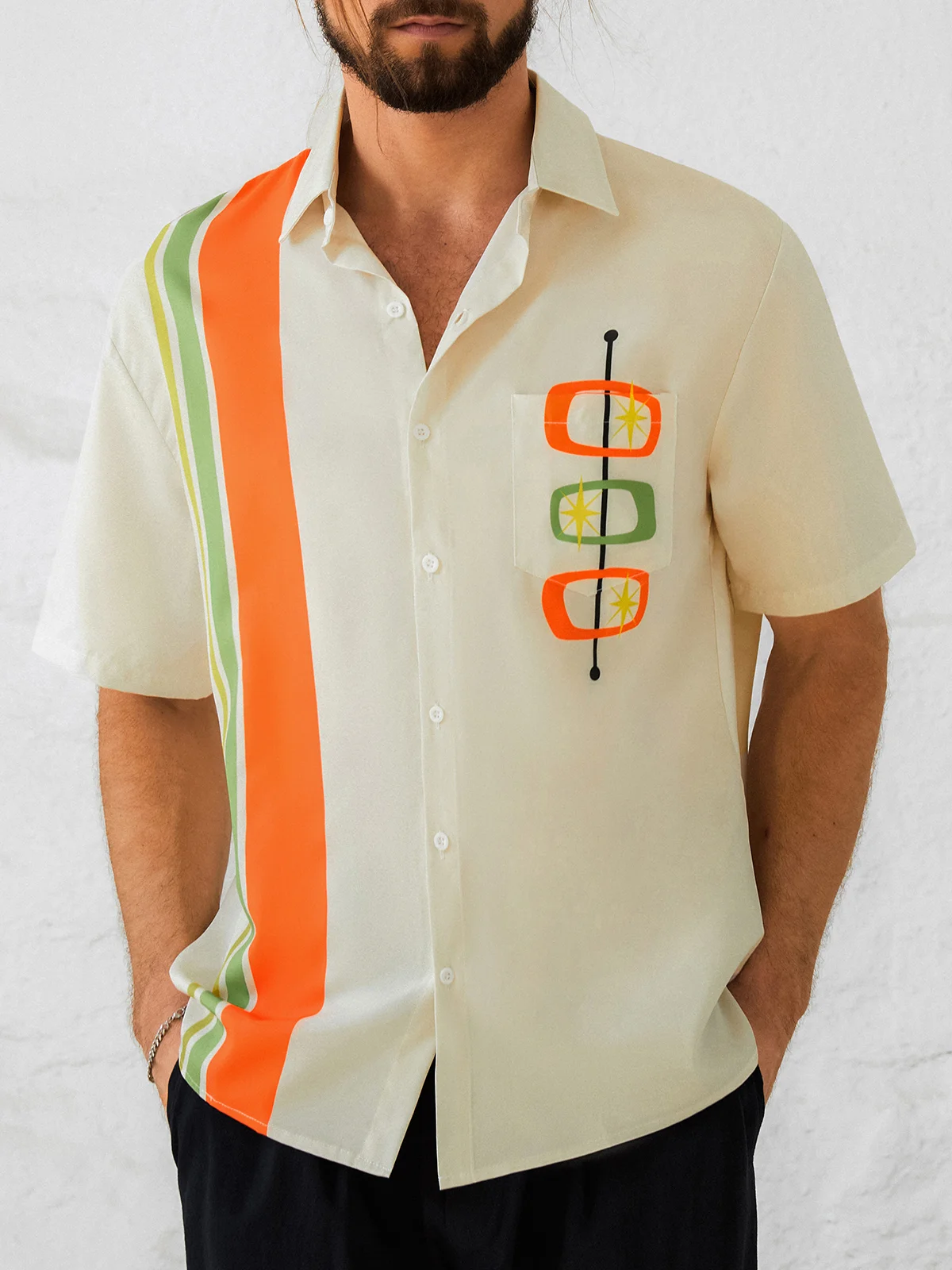 Hardaddy Casual Art Collection Geometric Stripes Color Block Pattern Lapel Short Sleeve Chest Pocket Shirt Print Top