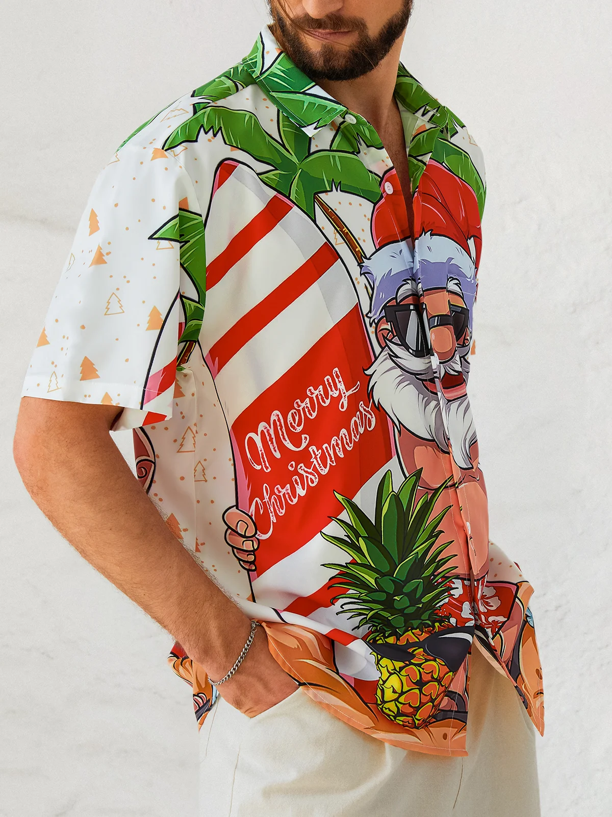 Hardaddy Mens Christmas Santa Surfing Print Front Buttons Soft Breathable Chest Pocket Casual Hawaiian Shirt