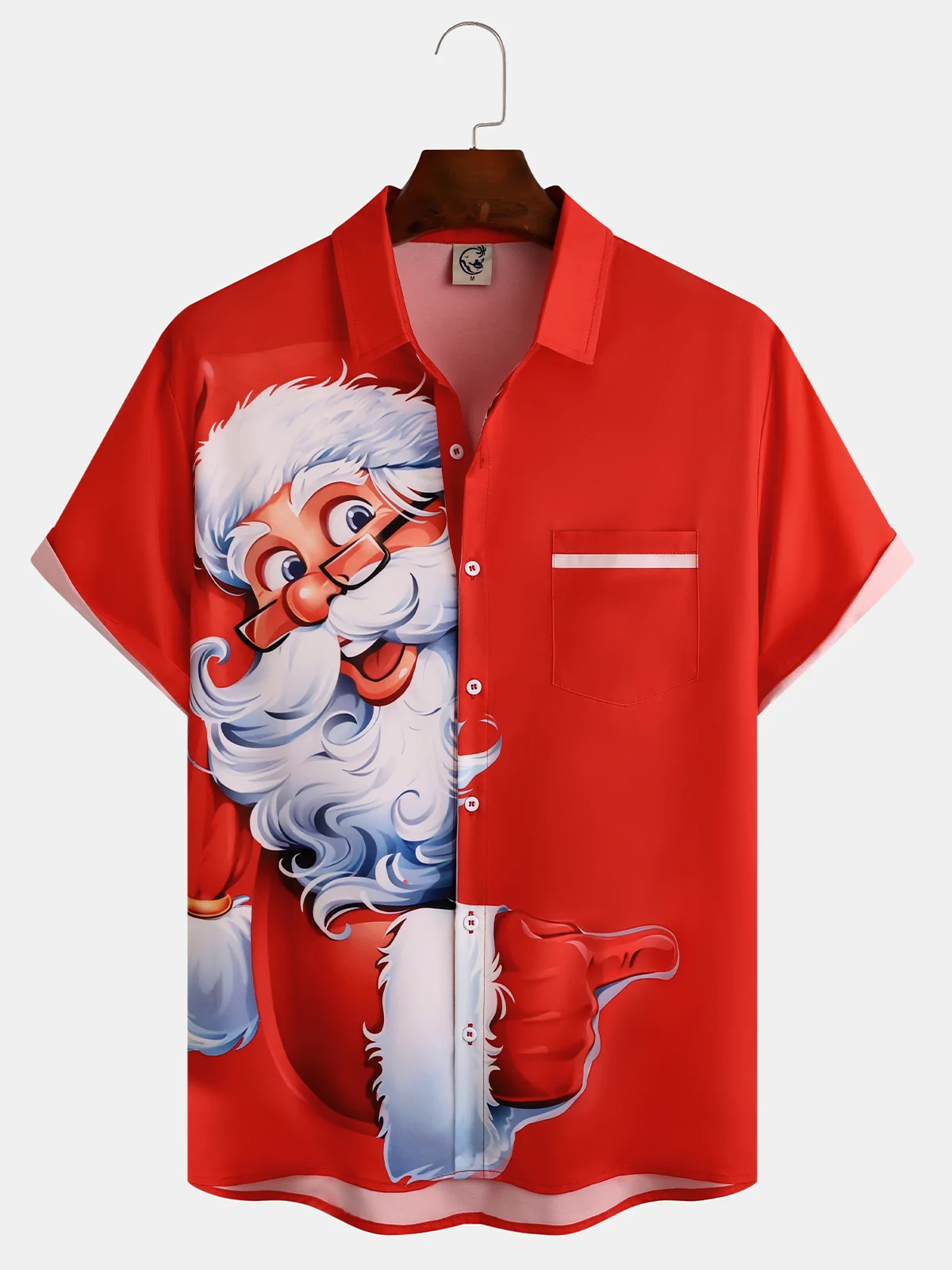 Mens Christmas Santa Print Front Buttons Soft Breathable Chest Pocket Casual Hawaiian Shirt