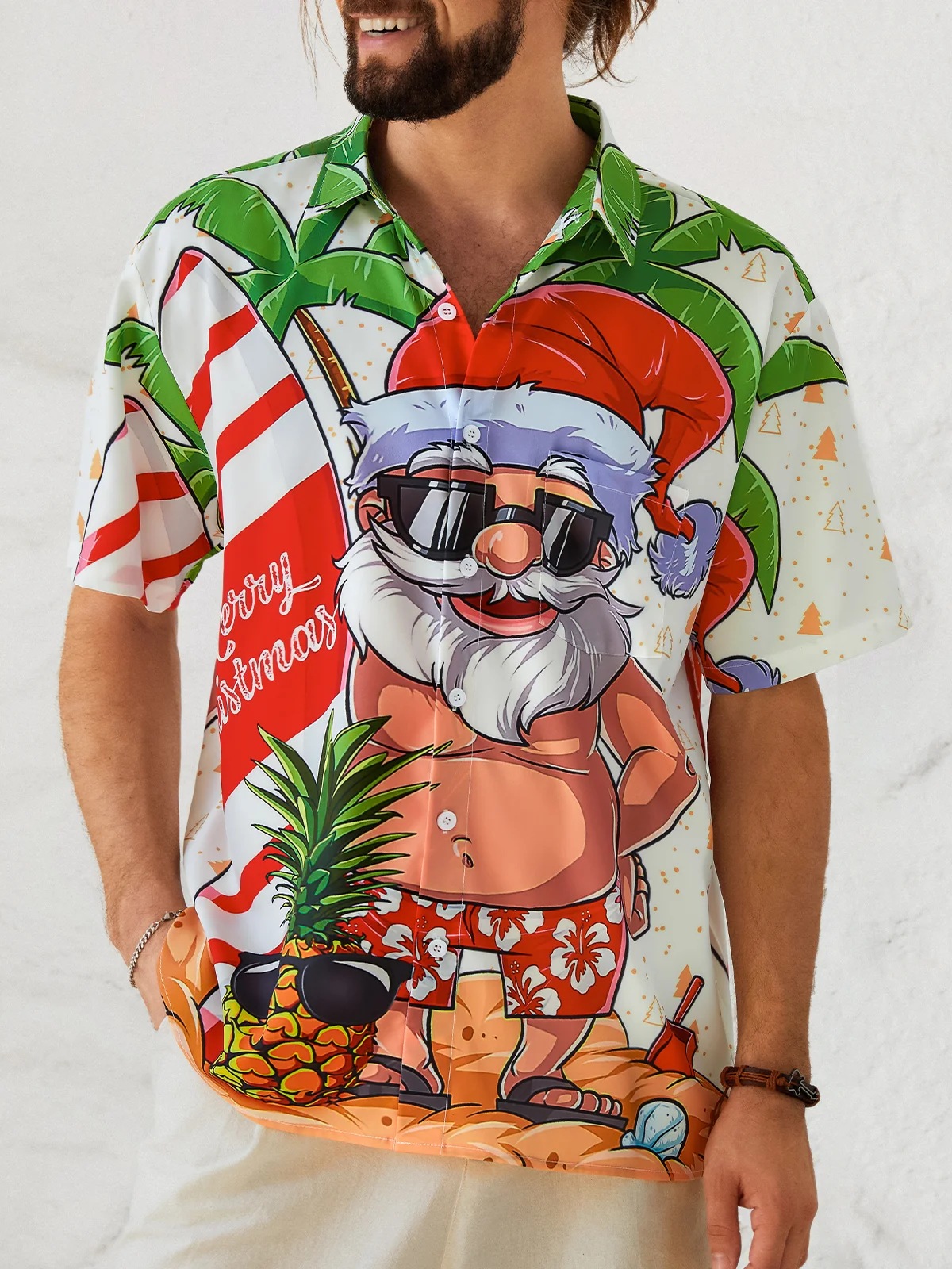 Hardaddy Mens Christmas Santa Surfing Print Front Buttons Soft Breathable Chest Pocket Casual Hawaiian Shirt