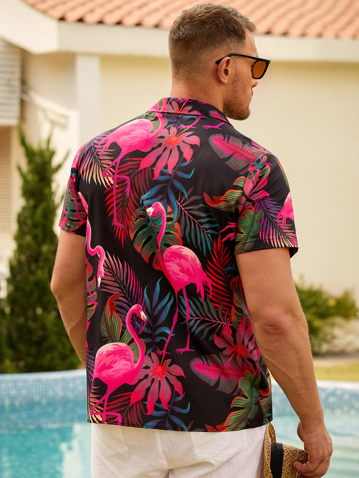Hardaddy Men's Botanical Flamingo Print Casual Short Sleeve Hawaiian Shirt