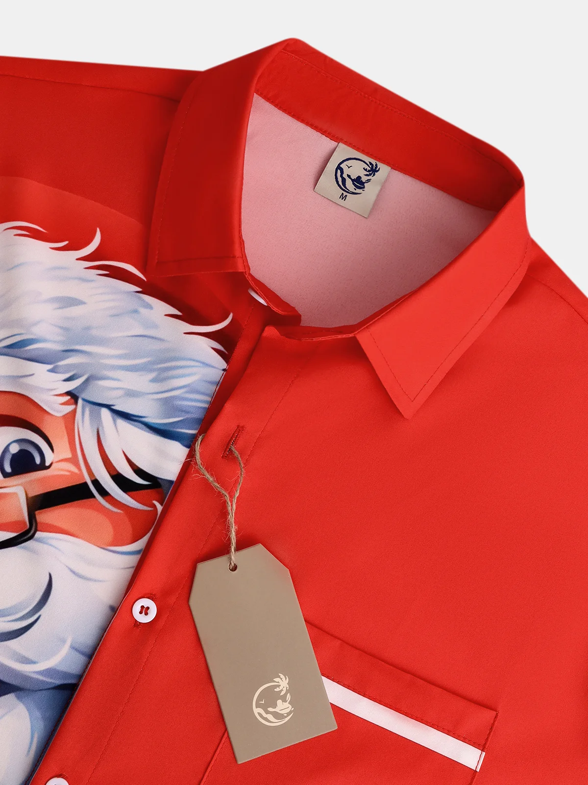 Mens Christmas Santa Print Front Buttons Soft Breathable Chest Pocket Casual Hawaiian Shirt
