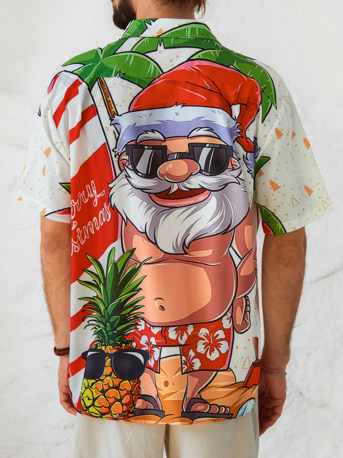 Hardaddy Mens Christmas Santa Surfing Print Front Buttons Soft Breathable Chest Pocket Casual Hawaiian Shirt