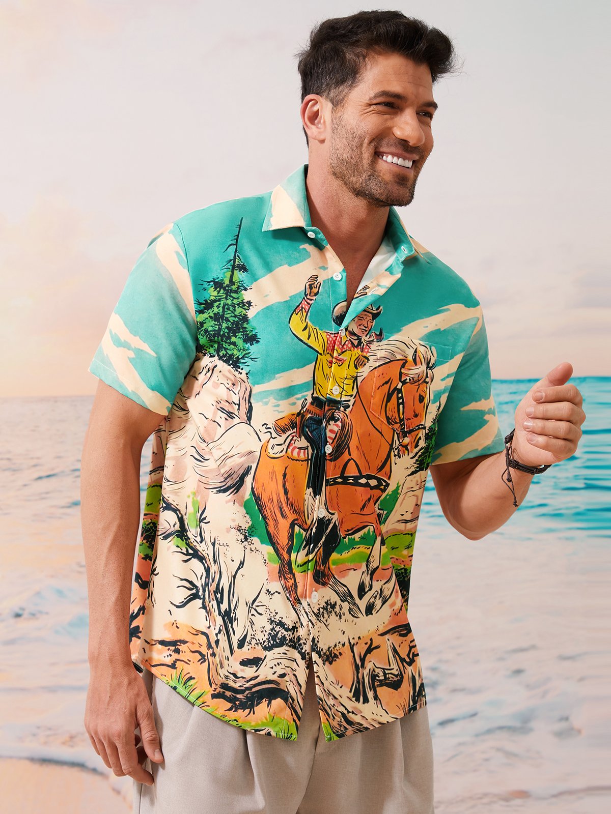Men's Kentucky Derby Retro Western Cowboy Pocket Equestrian Casual Loose Comics Print Up To 4XLT Shirt