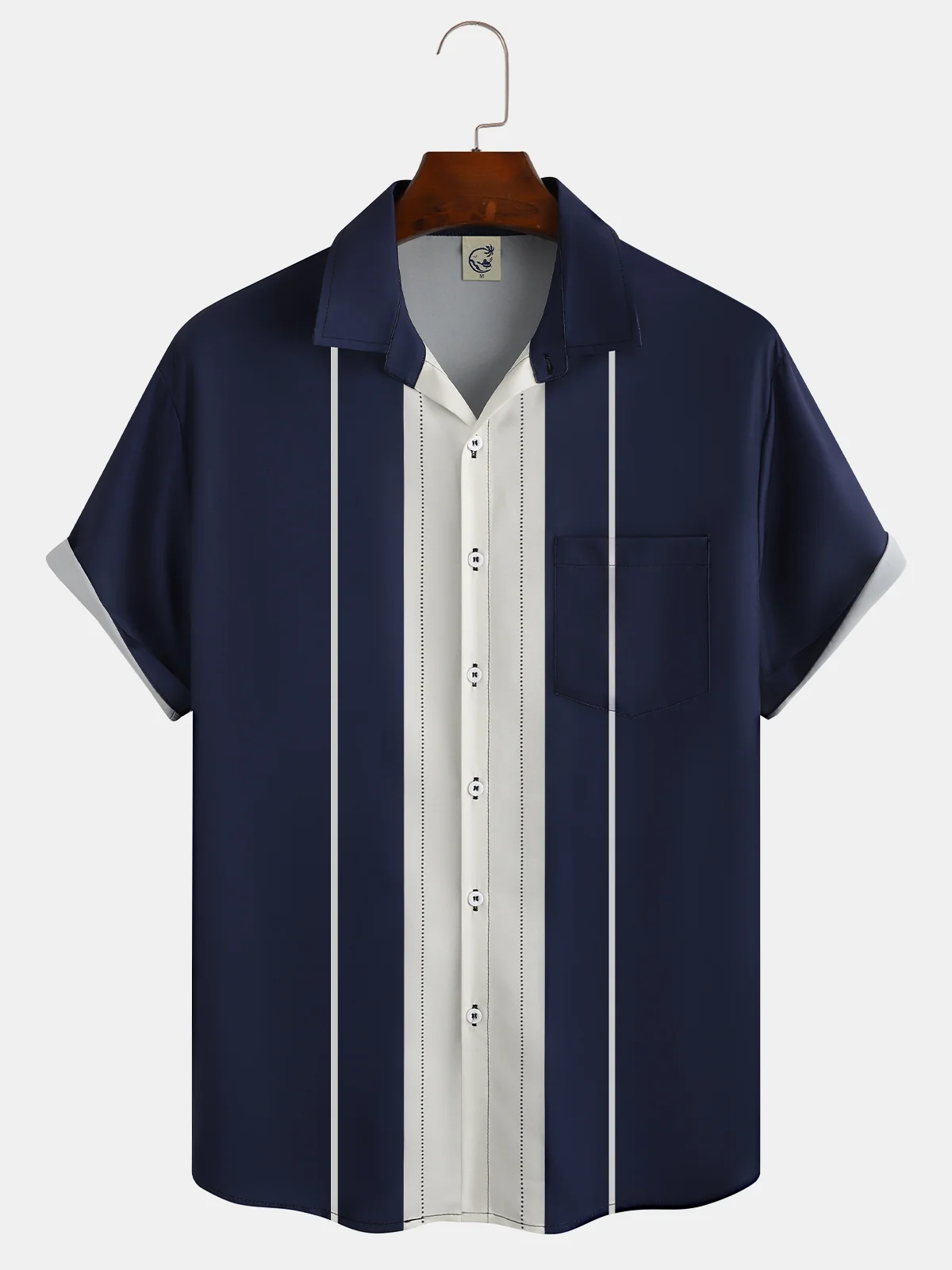 Mens Retro Striped Print Lapel Loose Chest Pocket Short Sleeve Classic Bowling Shirt