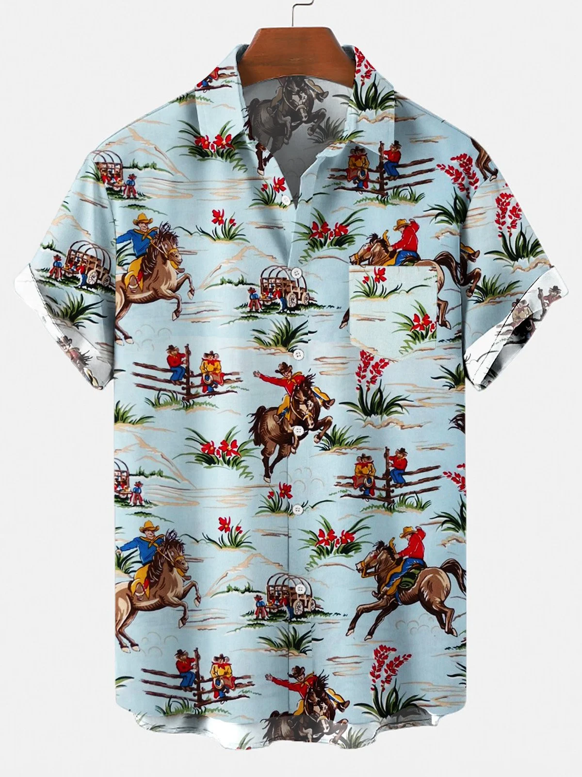 Men's Kentucky Derby Retro Cowboy Horse Style Lover Pocket Equestrian Casual Loose Comfortable Shirt