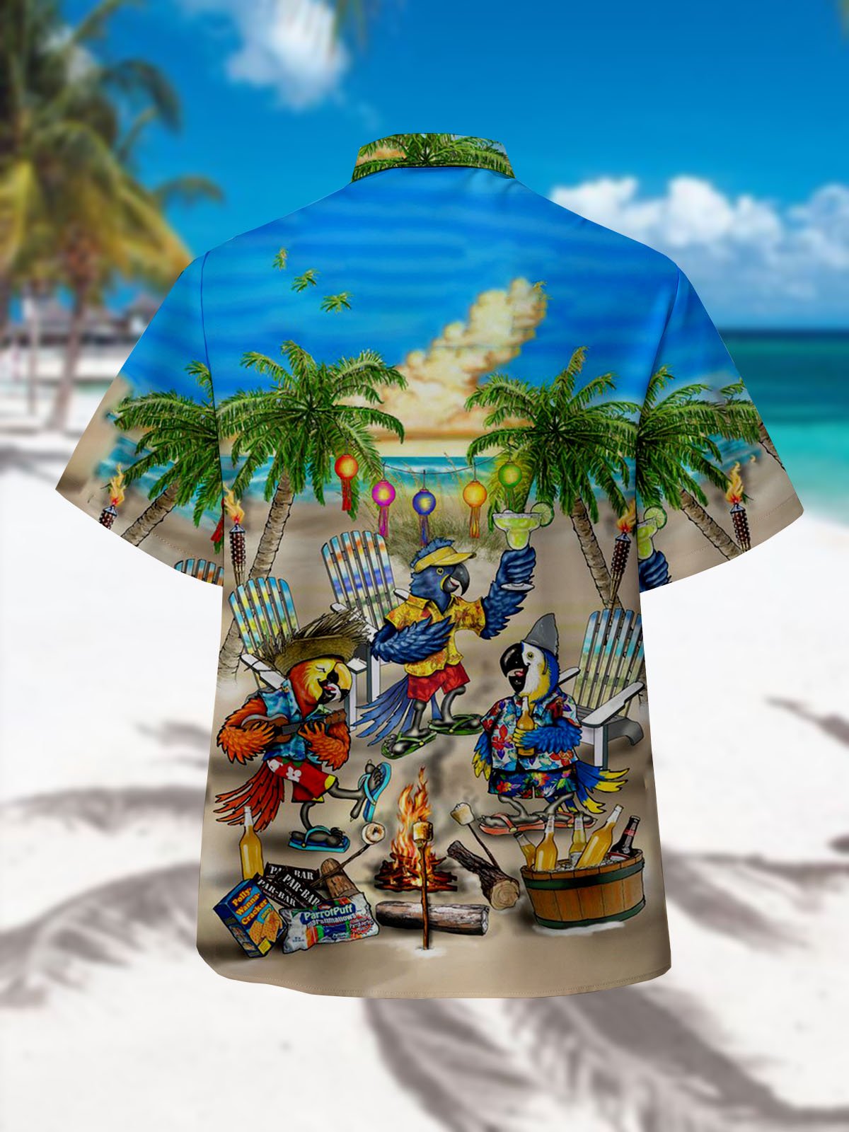 Hardaddy Men's Parrot Print Hawaiian Collar Short Sleeve Trendy Aloha Shirt