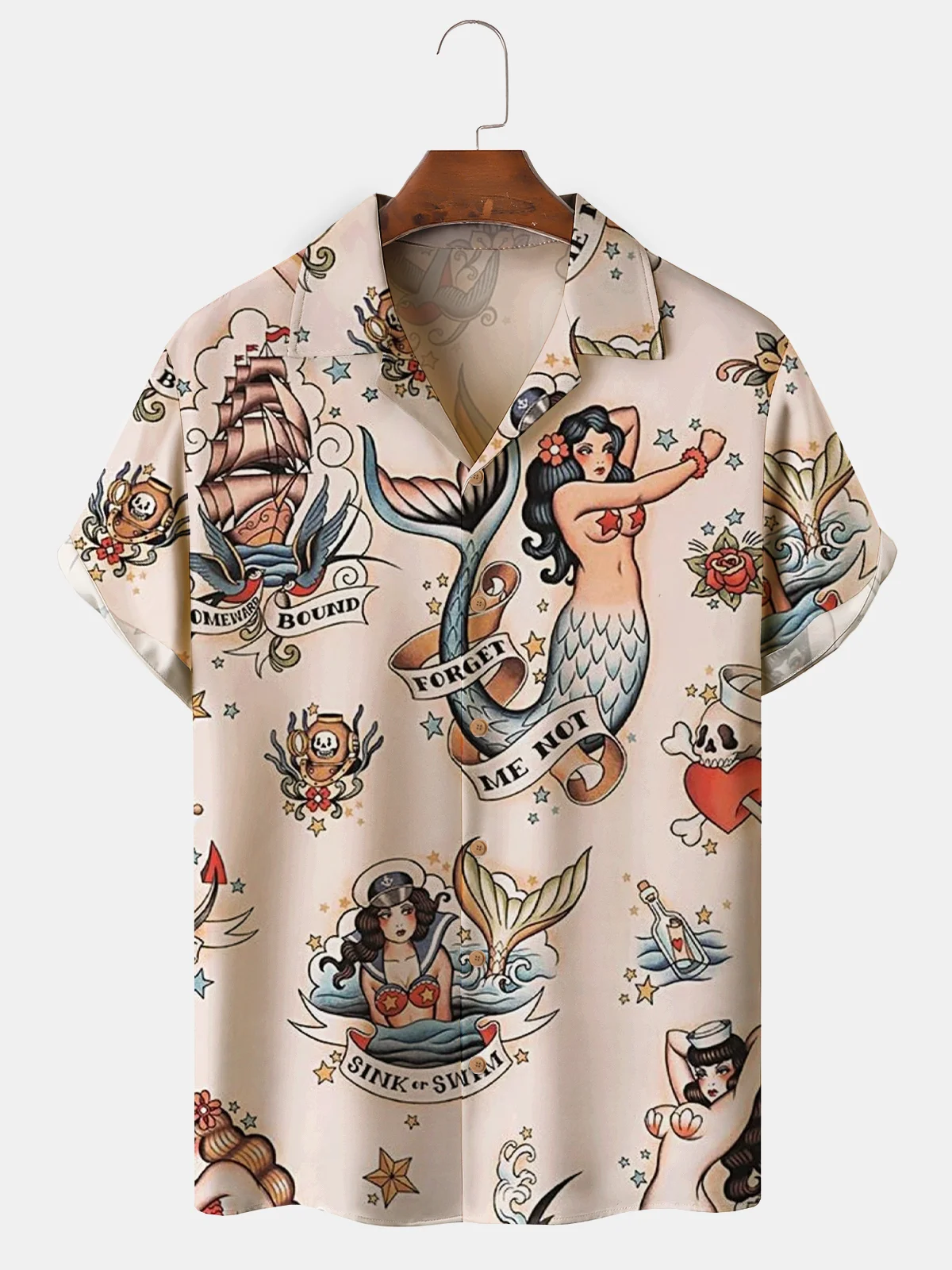 Hardaddy Mens Mermaid Print Front Buttons Soft Breathable Loose Casual Hawaiian Shirt