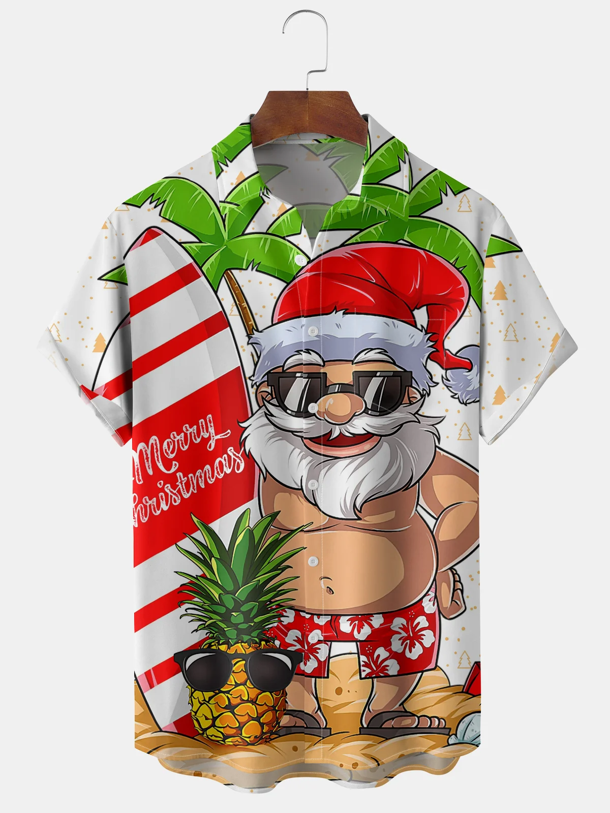 Hardaddy Mens Christmas Santa Surfing Print Front Buttons Soft Breathable Chest Pocket Casual Hawaiian Shirt
