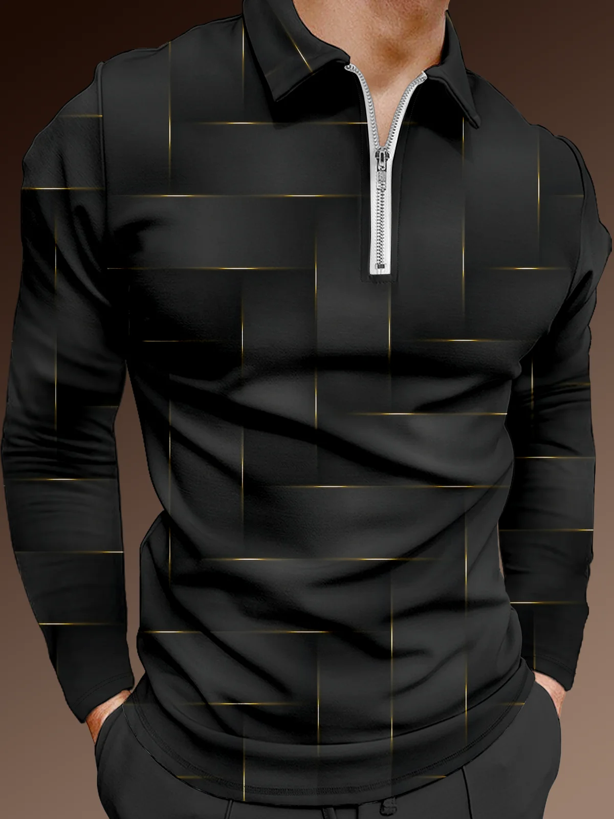 Casual Art Collection Gradient Geometric Stripes Color Block Pattern Lapel Long Sleeve Polo Print Top