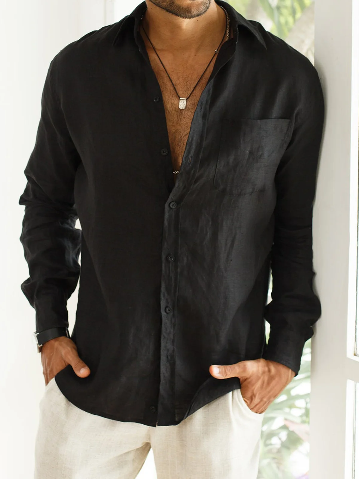 Hardaddy Men's Cotton Linen Casual Pocket Long Sleeve Shirt
