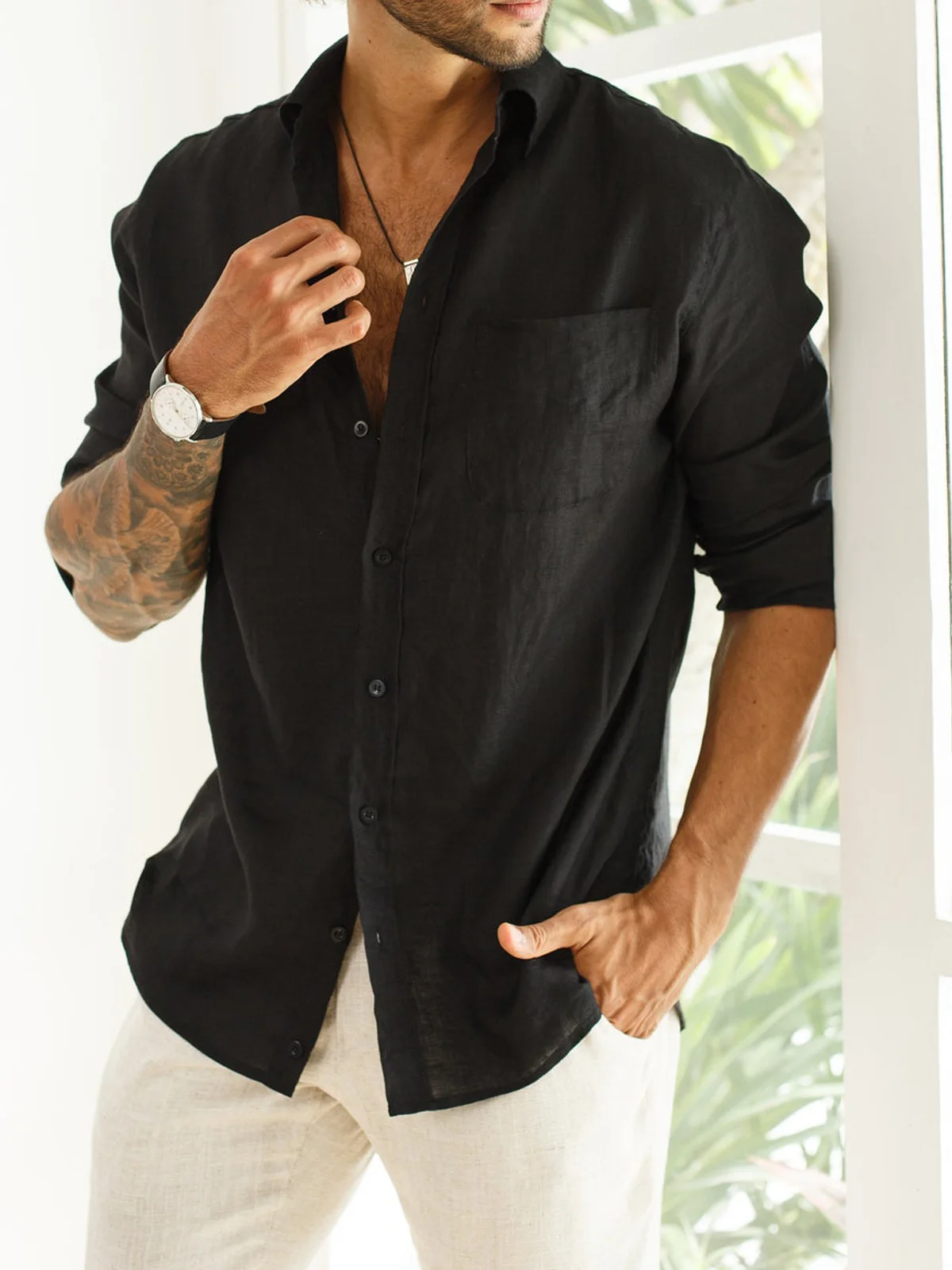 Hardaddy Men's Cotton Linen Casual Pocket Long Sleeve Shirt