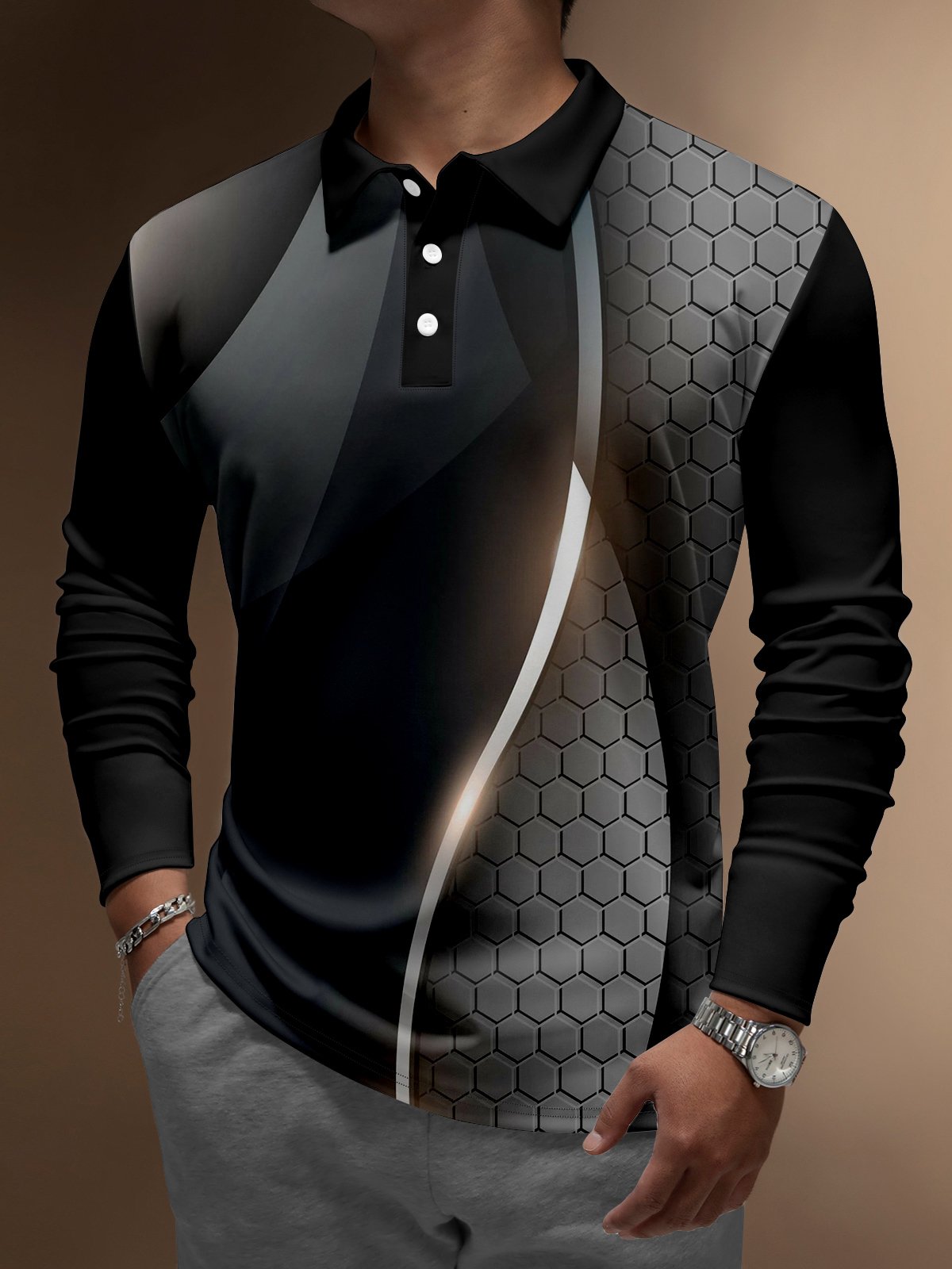 Hardaddy Casual Art Collection 3D Gradient Striped Geometric Block Pattern Lapel Button Long Sleeve Print Polo Shirt