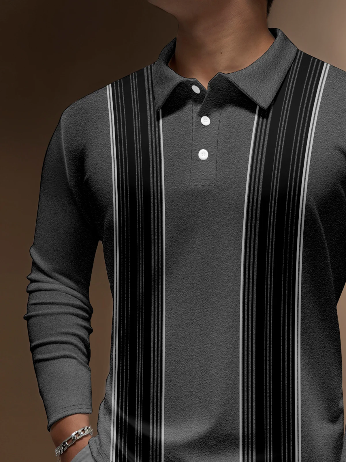Hardaddy Geometric Striped Button Long Sleeve Polo