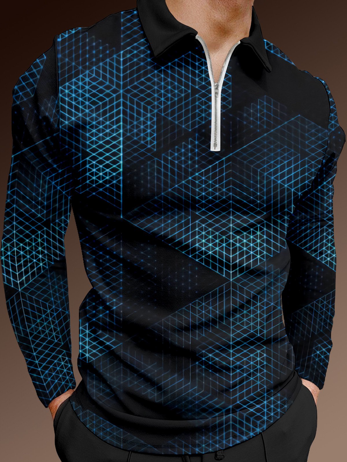 Abstract Diamond Gradient  Zip Long Sleeve Polo
