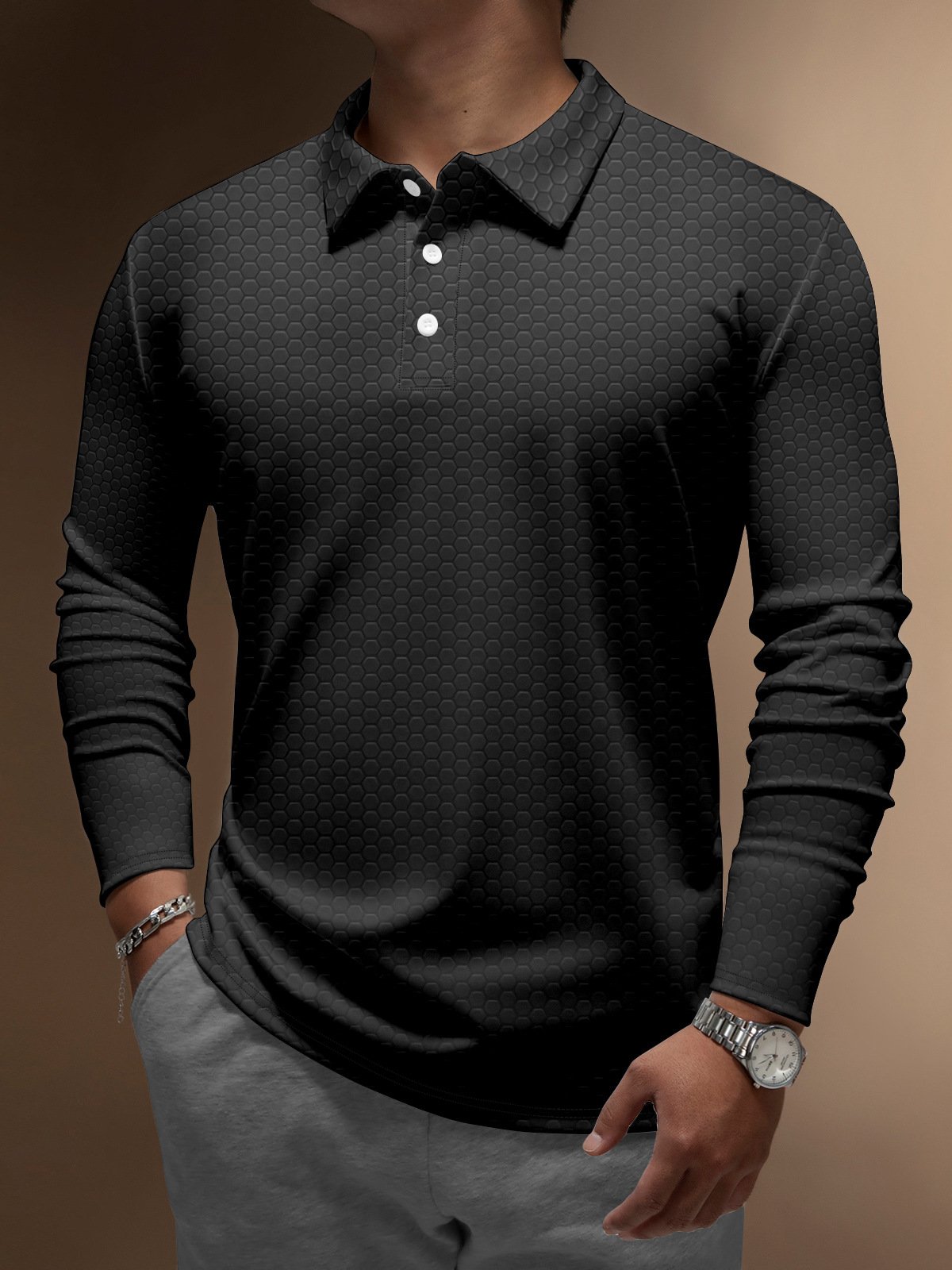 Hardaddy Gradient Hexagon Geometric Buttons Long Sleeve Polo