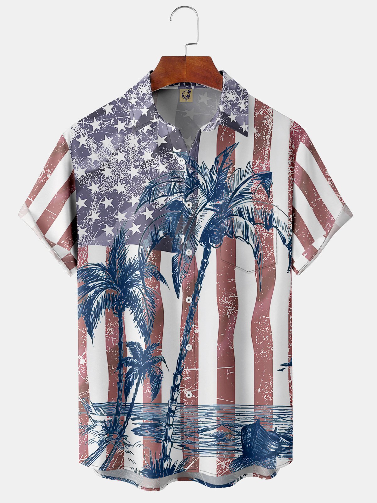 Hardaddy American Flag Coconut Tree Chest Pocket Short Sleeve Hawaiian Shirt