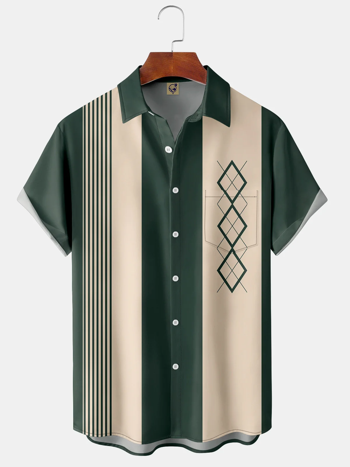 Hardaddy Geometric Color Block Chest Pocket Short Sleeve Bowling Shirt