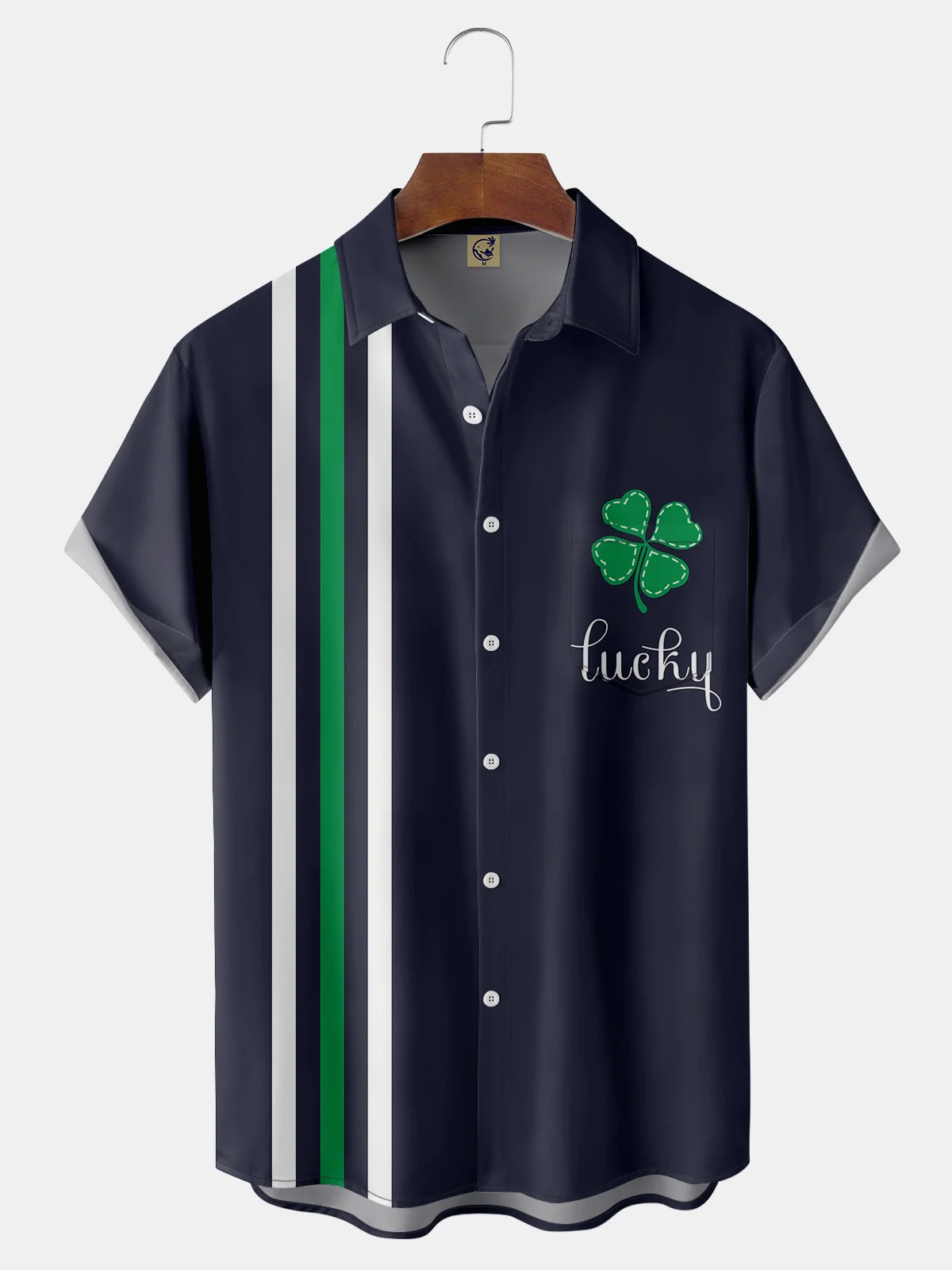 Hardaddy Hawaiian Button Up Shirt for Men Blue St. Patrick's Day Lucky Clover Regular Fit Short Sleeve Bowling Shirt St Paddy's Day Shirt