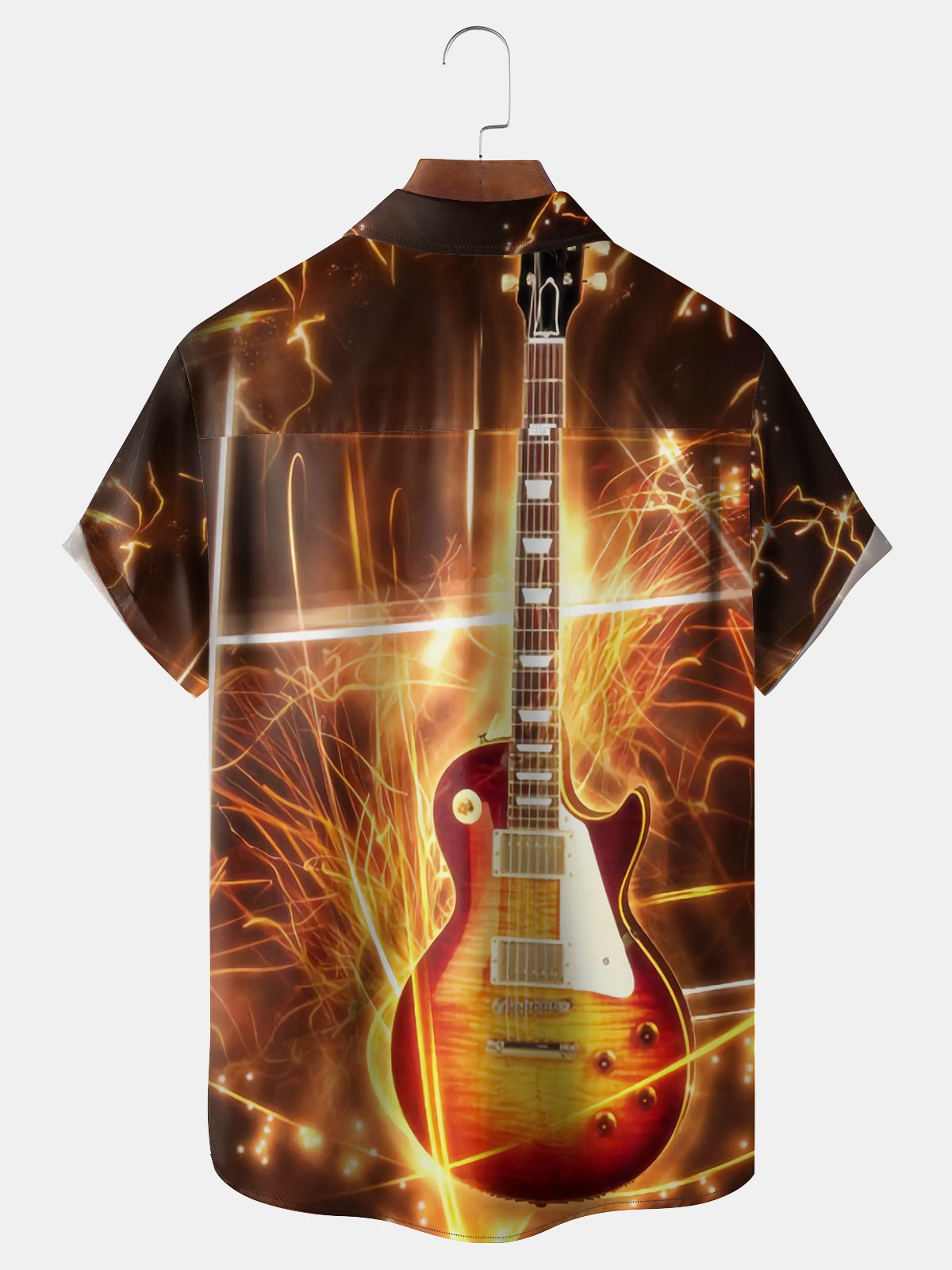 Music Guitar Chest Pocket Short Sleeve Casual Shirt