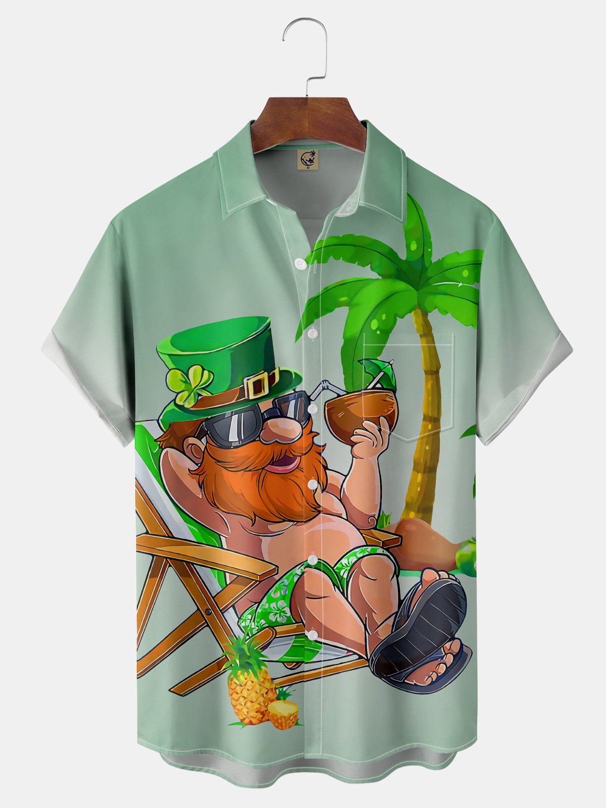 Hardaddy Hawaiian Button Up Shirt for Men Green St. Patrick's Day Lucky Clover Regular Fit Short Sleeve Shirt St Paddy's Day Shirt