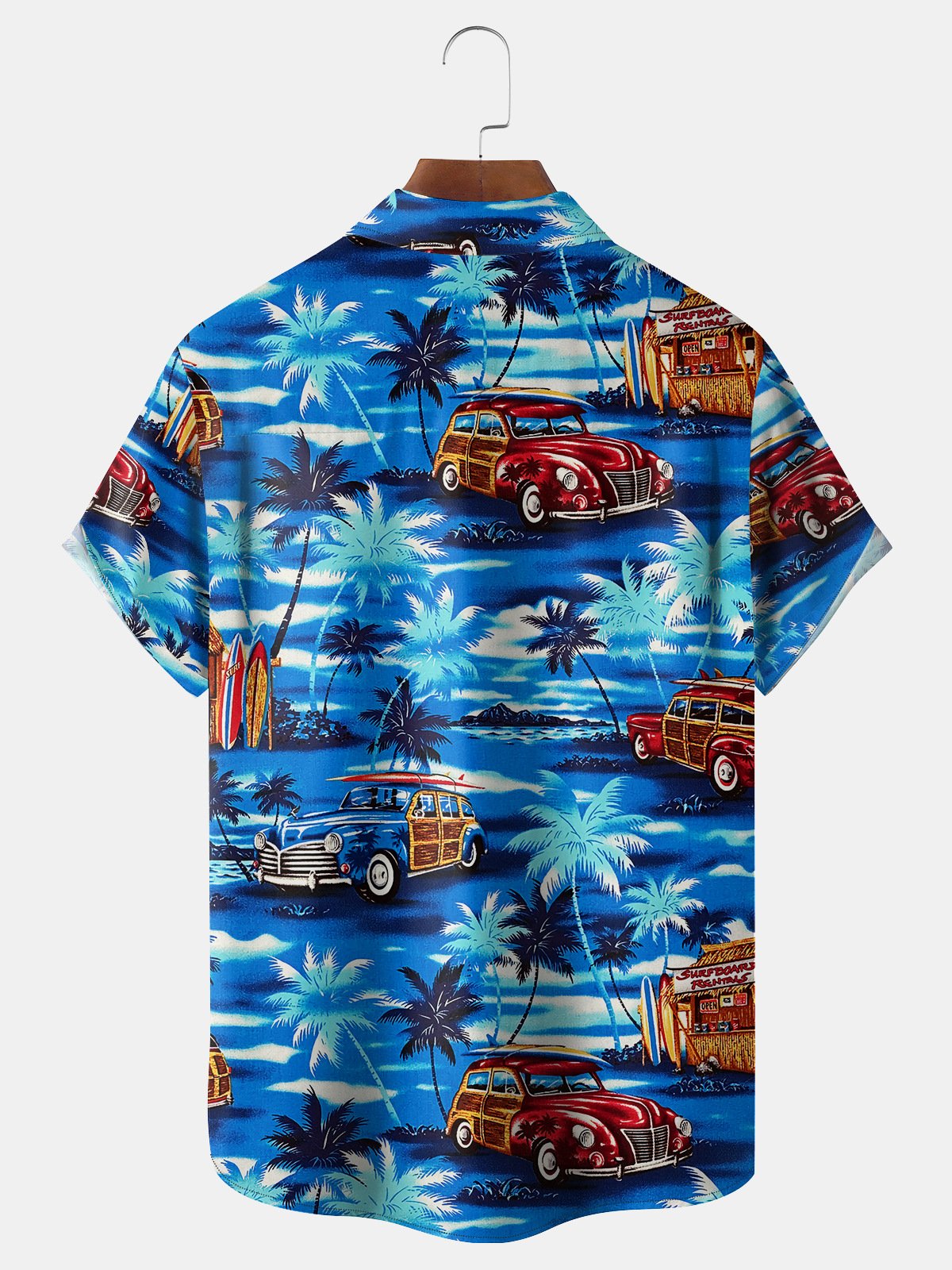 Vintage Car Coconut Tree Chest Pocket Short Sleeve Hawaiian Shirt