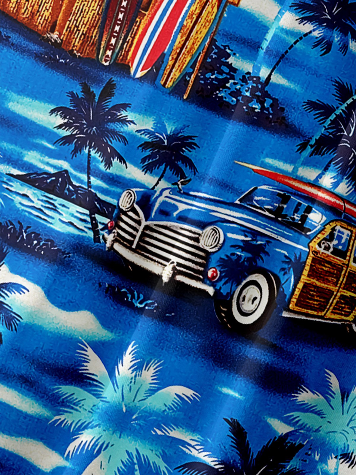 Vintage Car Coconut Tree Chest Pocket Short Sleeve Hawaiian Shirt