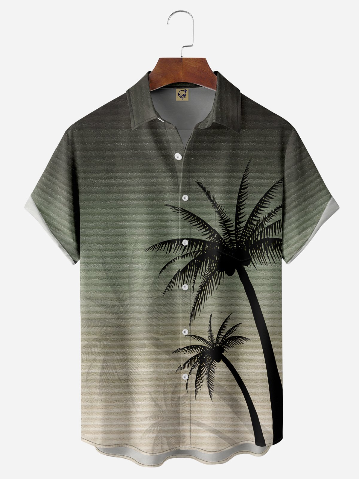 Gradient Texture Coconut Tree Chest Pocket Short Sleeve Casual Shirt