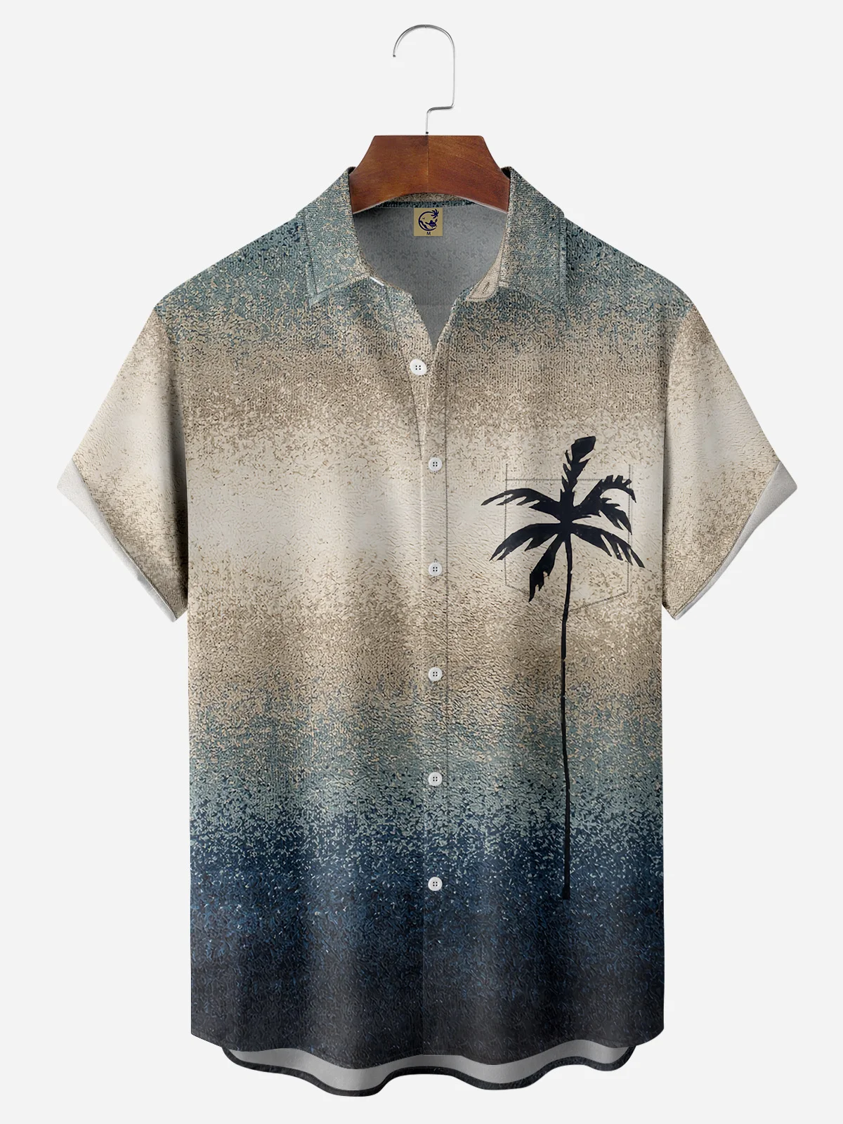 Hardaddy Gradient Texture Coconut Tree Chest Pocket Short Sleeve Casual Shirt