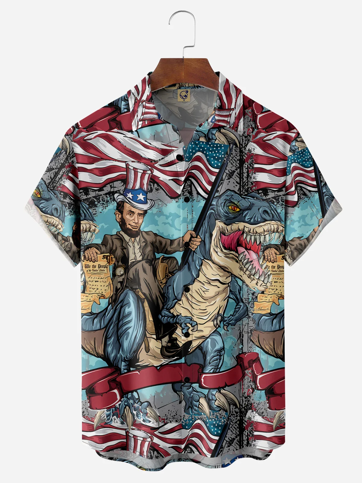 Hardaddy Flag Dinosaur Chest Pocket Short Sleeve Casual Shirt