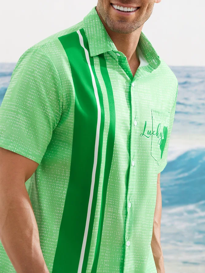 Hardaddy Hawaiian Button Up Shirt for Men Green St. Patrick's Day Lucky Clover Regular Fit Short Sleeve Bowling Shirt St Paddy's Day Shirt