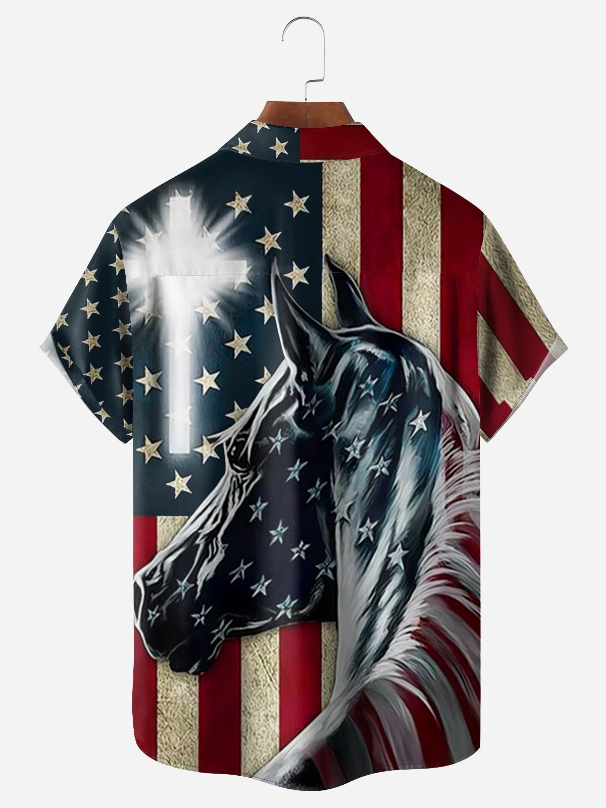 American Flag Horse Chest Pocket Short Sleeve Casual Shirt