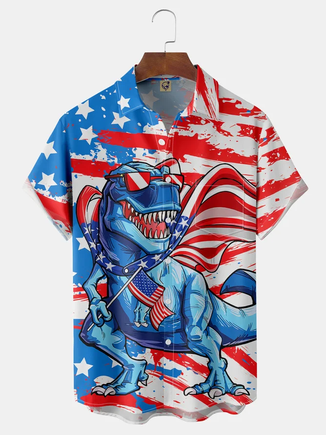 Hardaddy Big Size Flag Dinosaur Chest Pocket Short Sleeve Shirt