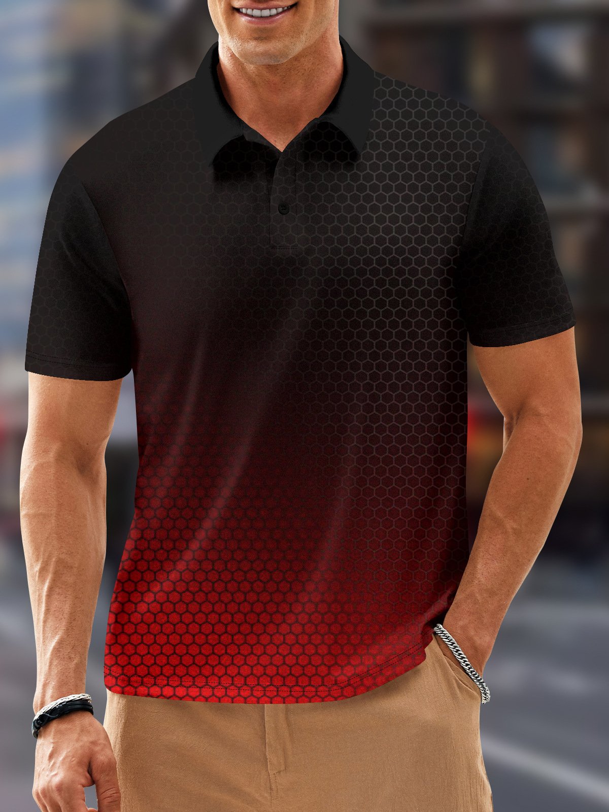 Hardaddy Gradient Color Button Short Sleeve Polo Shirt