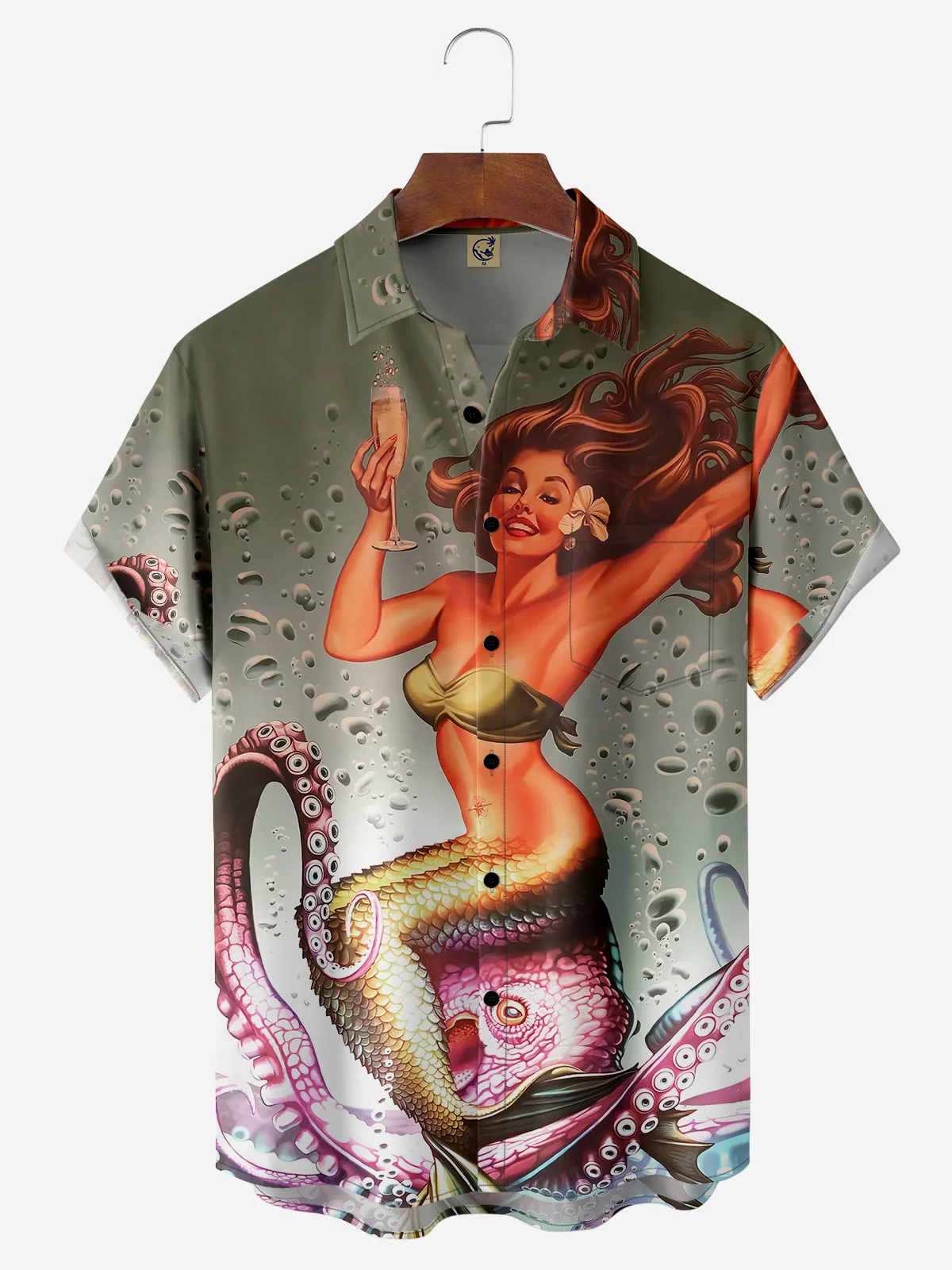 Mermaid Chest Pocket Short Sleeve Hawaiian Shirt